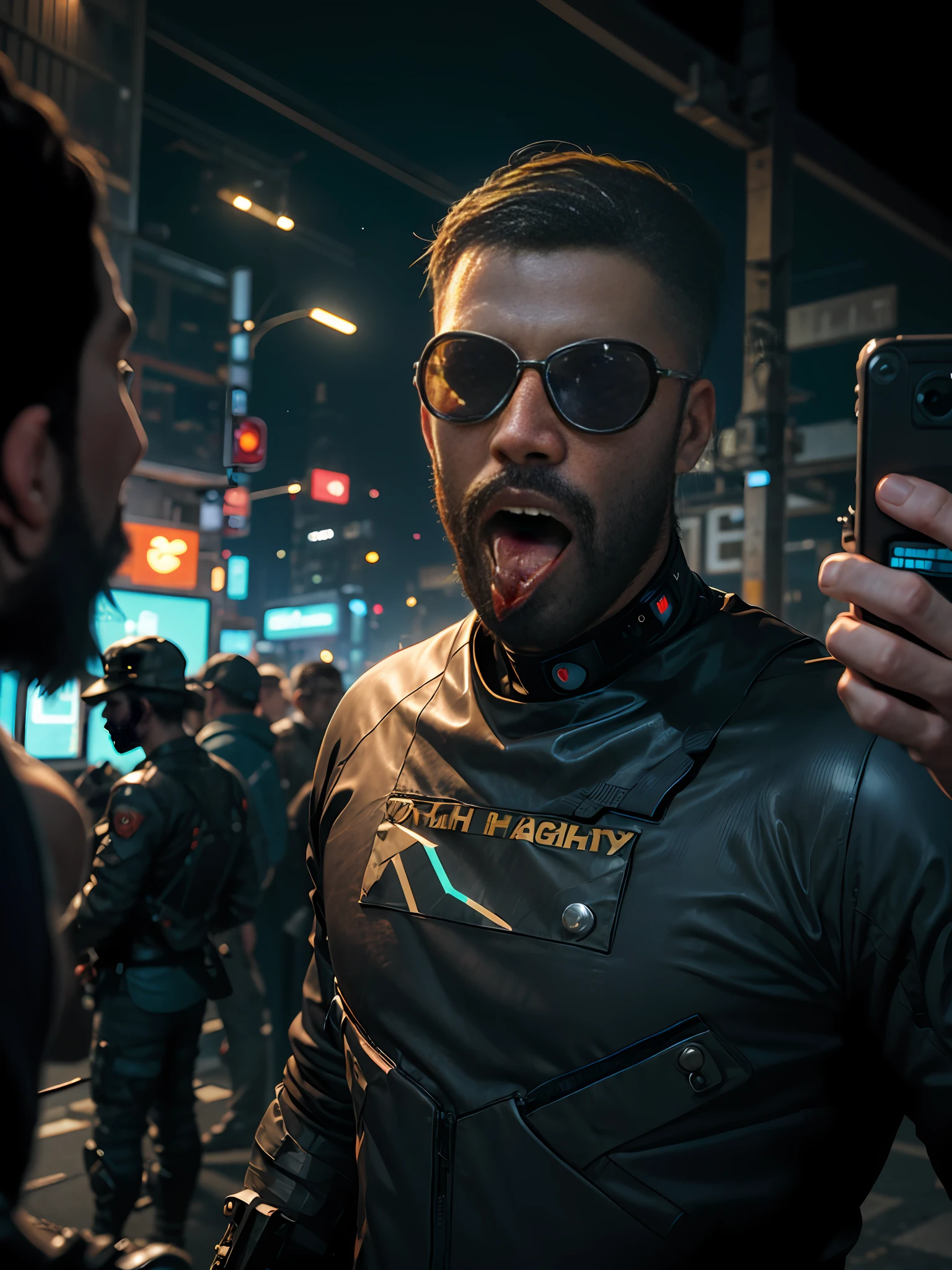 cyberpunk film, raw photo of man with beard, 3/4, soldier, armor, tough guy, chiselled jaw, gigachad, close up, half face, deep night, dark room, hight quaility, detailed skin, clear face, detailed hair, cinema shot, hdr, sharp focus, mouth open , tongue out,