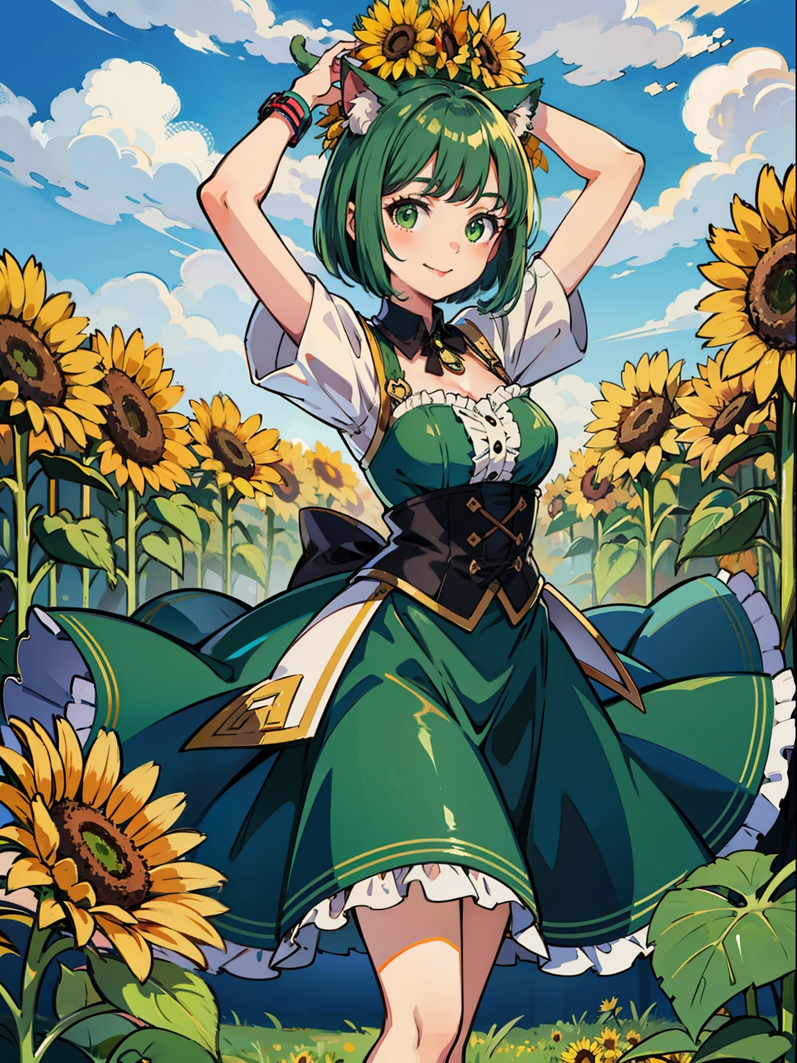 high quality, masterpiece, smile,A cat girl,green short bob hair,green eyes,standing in a field of giant sunflowers,dynamic pose