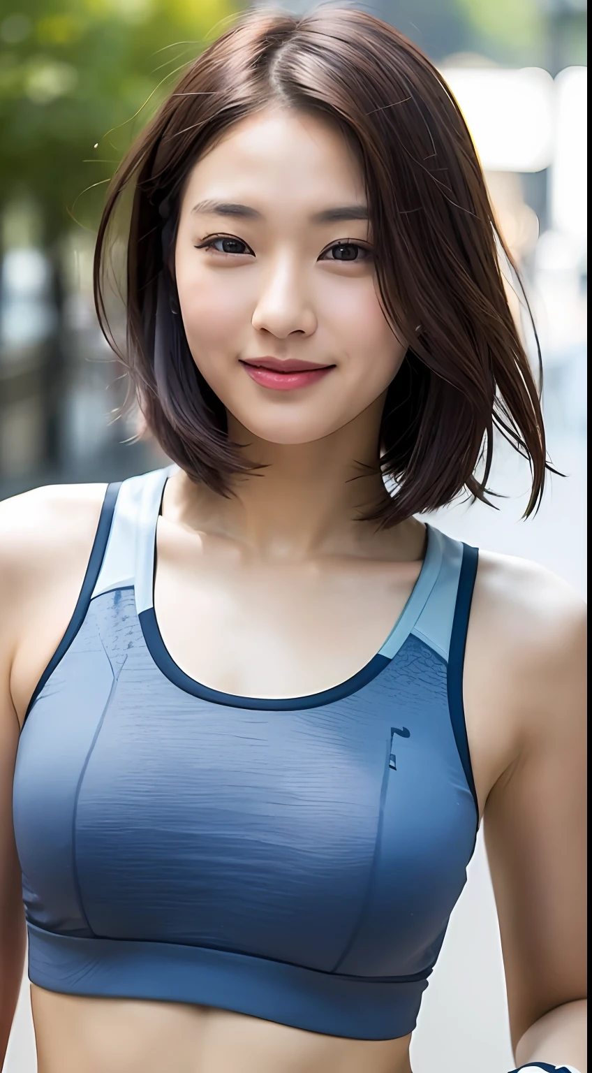 ((Top Quality, 8k, Masterpiece: 1.3)), Sharp Focus: 1.2, Perfect Body Shape Pretty Women: 1.4, Slender Abs: 1.2, (Layered Haircut, Big: 1.8), (Light Reflecting Sports Bra: 2.0), (Jogging: 1.8), (Street: 1.2), Highly Detailed Face and Skin Texture, Detailed Eyes, Double Eyelids, Smile,