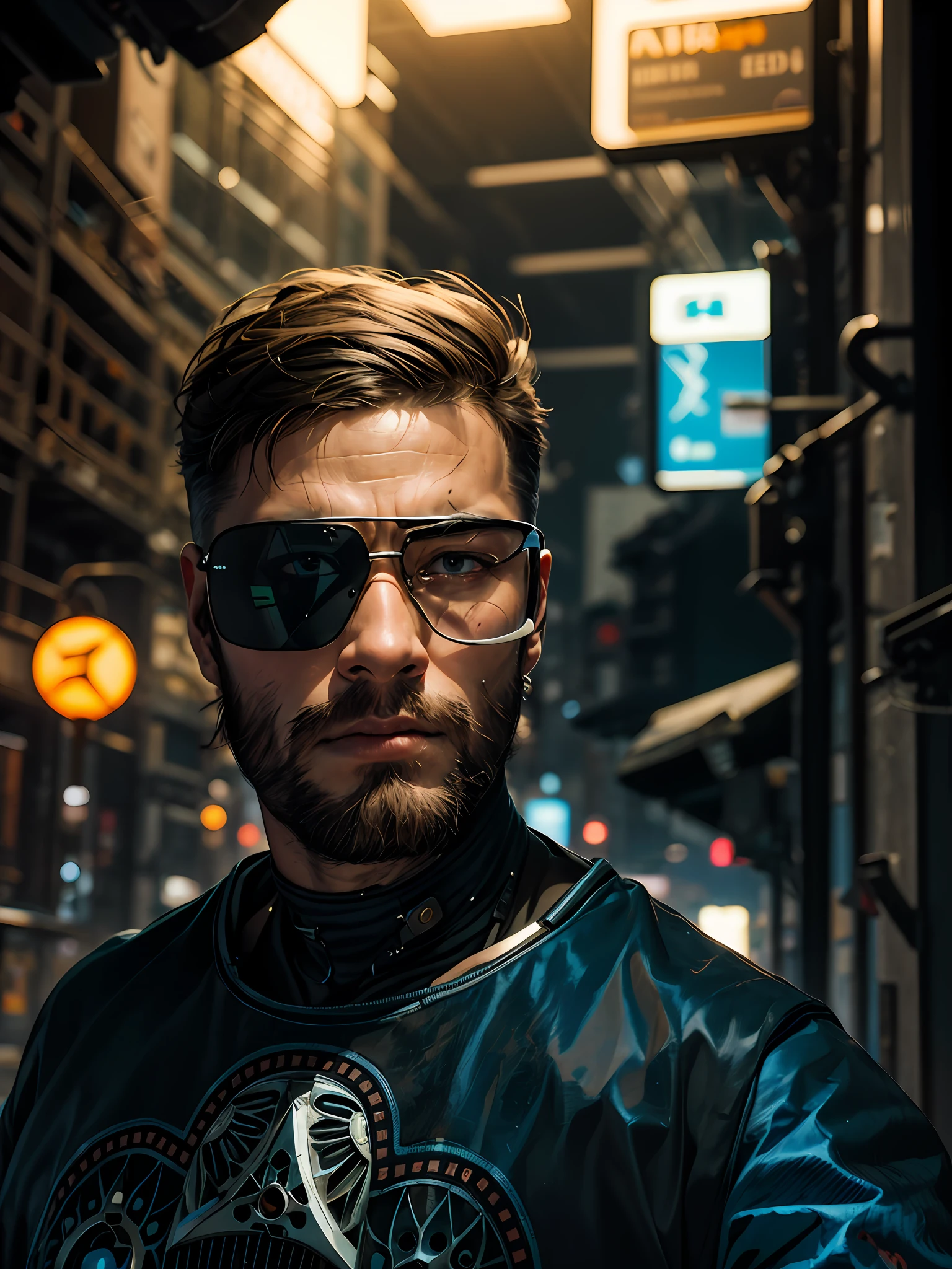 cyberpunk film, raw photo of man with beard, 3/4, soldier, armor, tough guy, chiselled jaw, gigachad, close up, half face, deep night, dark room, hight quaility, detailed skin, clear face, detailed hair, cinema shot, hdr, sharp focus