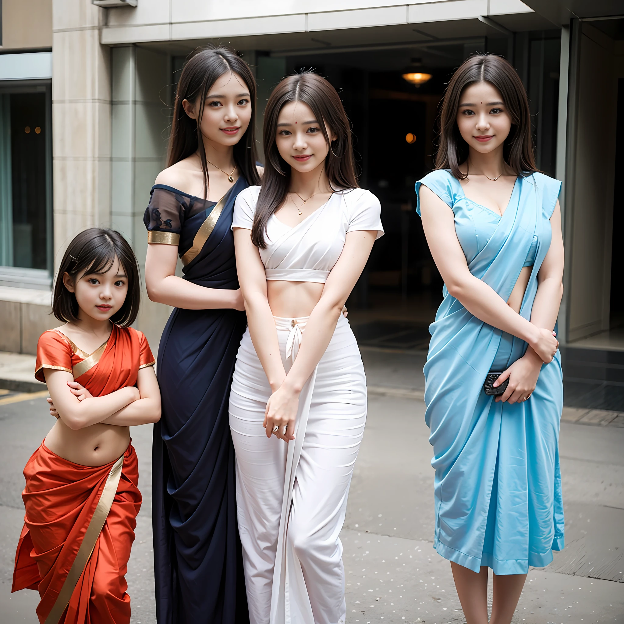 Two women, mother and daughter, mother is 25 year old,loli:1.8, daughter is child, Loli:1.8, both in saree, detailed saree , camel toe, greeting with a smile on the street near school, two slim figures, detailed skin, brown eyes, mother is stately, daughter is embarrassed, mother is tall, daughter is short, mother is young, daughter has a young face:1.6,
(Photorealistic: 1.4), (Best Quality: 1.0), (Ultra High Definition: 1.0), 8K, RAW Photo, (Masterpiece: 0.2), (pureerosface_v1:0.5),