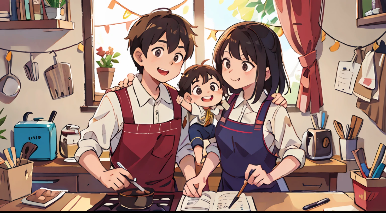 closeup, a family portrait, momy, dad, happy,kitchen in the background