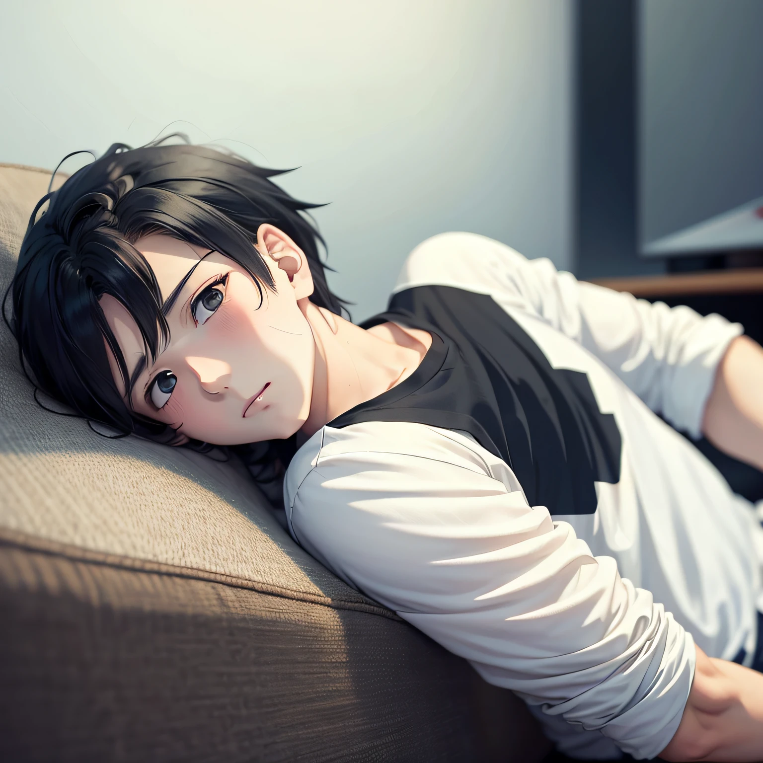 (anime style + soft cute) boy, black hair, white shirt, shy, blushing, ground + close-up, back against the sofa --auto