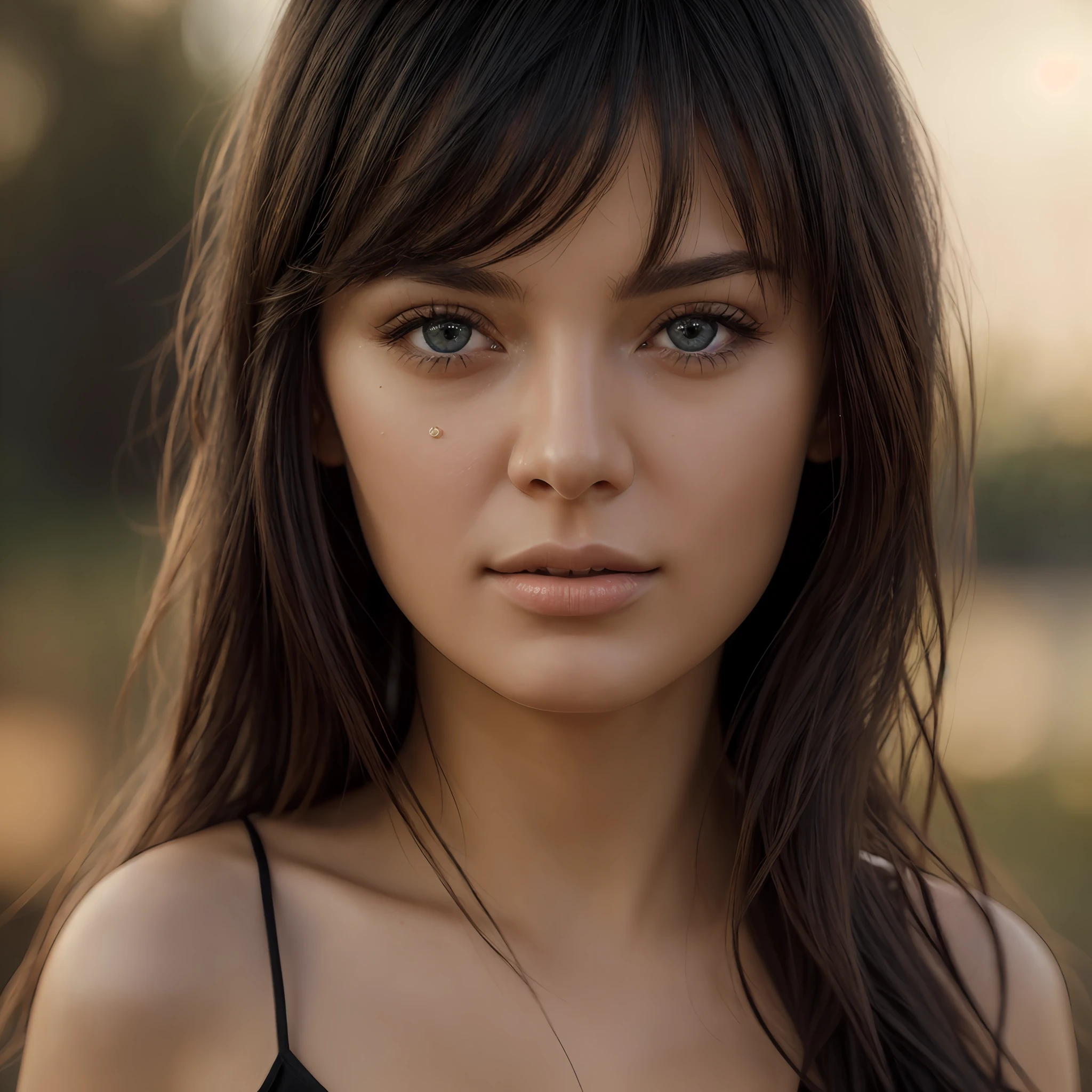 A close up of a woman with long hair wearing a black top - SeaArt AI