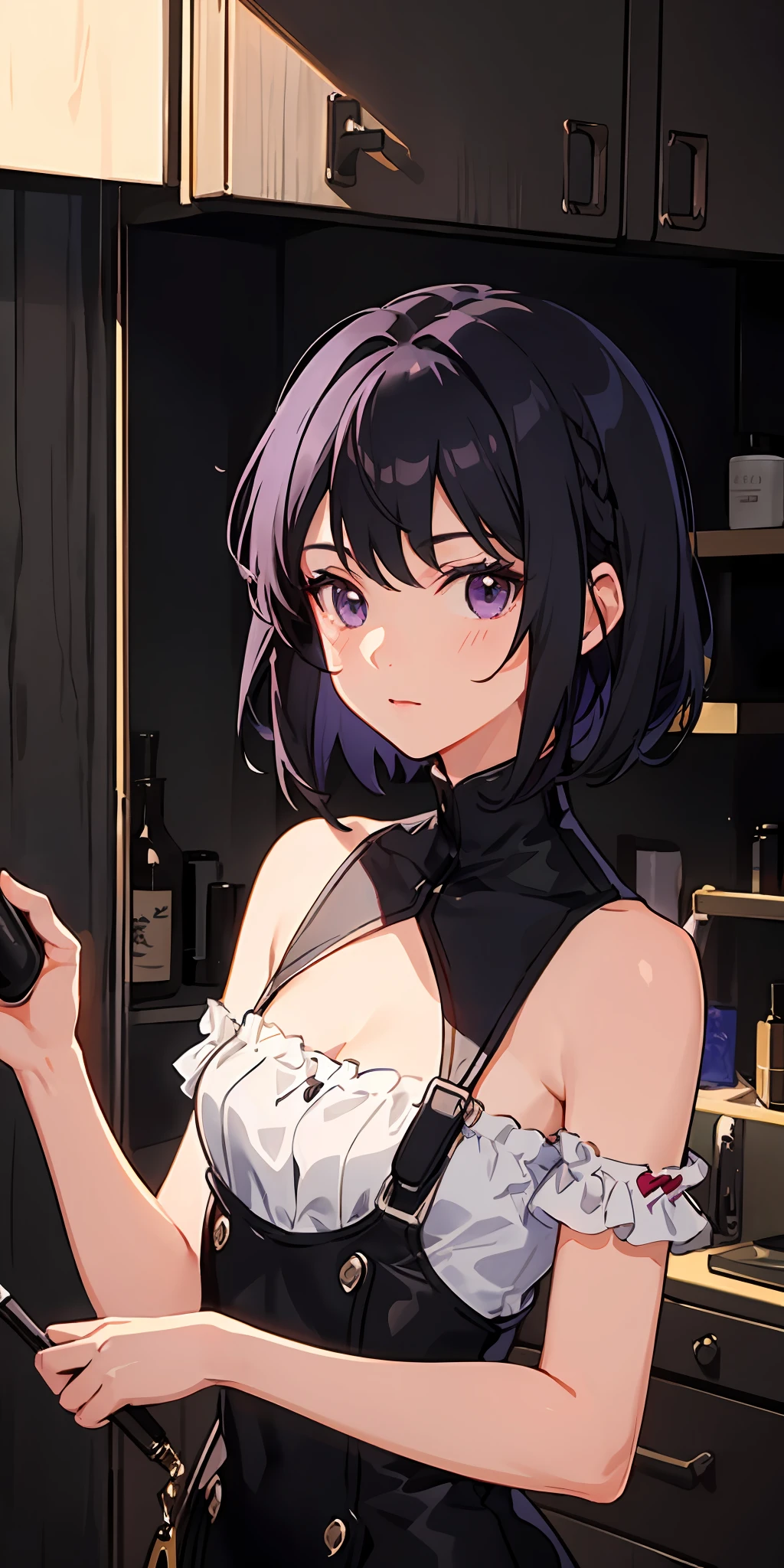 positive:((masterpiece)), (((best quality))), ((ultra-detailed)), ((illustration)), ((disheveled hair)), {{{1girl}}}, short hair,purple eyes,black hair,