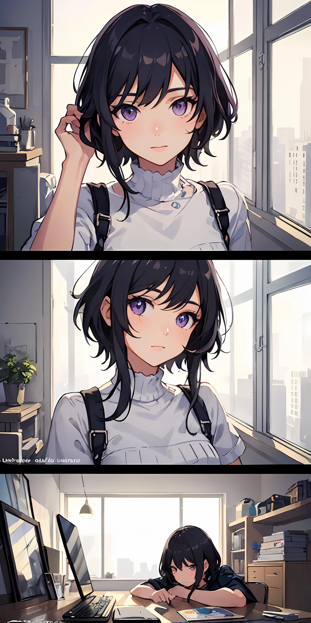 positive:((masterpiece)), (((best quality))), ((ultra-detailed)), ((illustration)), ((disheveled hair)), {{{1girl}}}, short hair,purple eyes,black hair,