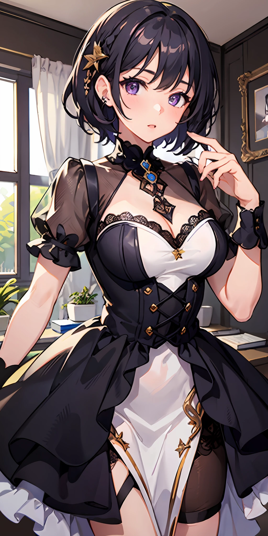 {{masterpiece}}, {{{best quality}}}, {{ultra-detailed}}, {{illustration}}, {{{1girl}}}, short hair,purple eyes,black hair,idol costume