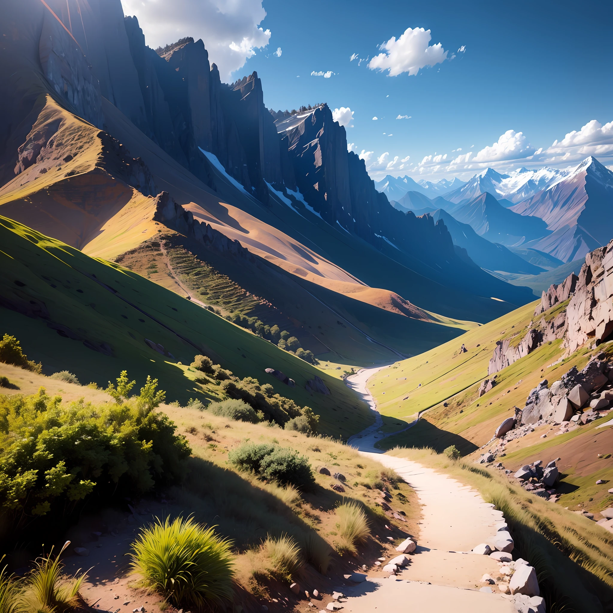 Mountain trail, blue sky, white clouds, mountain range, --auto