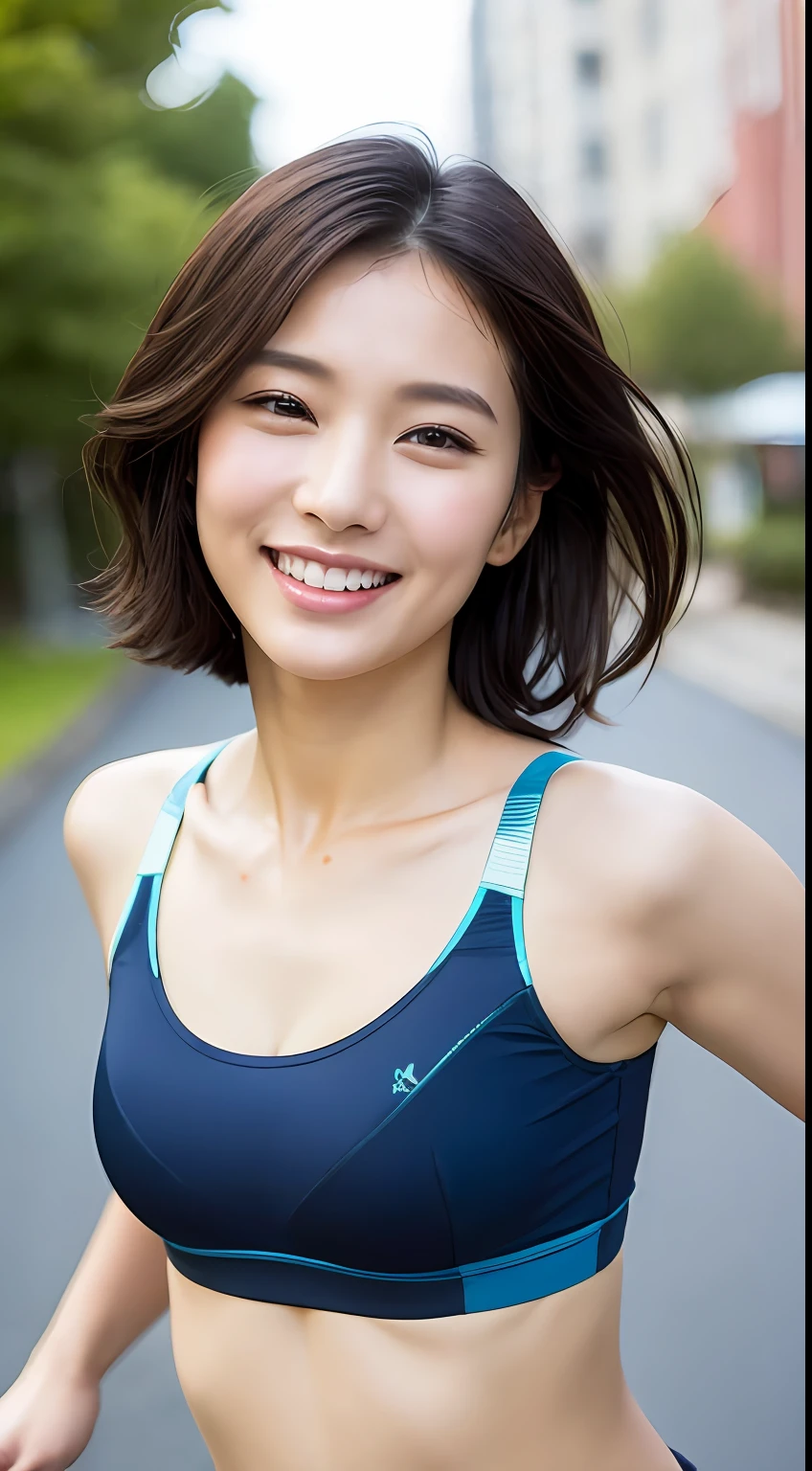 ((Top Quality, 8k, Masterpiece: 1.3)), Sharp Focus: 1.2, Perfect Body Shape Pretty Woman: 1.4, Slender Abs: 1.2, (Layered Haircut, Big: 1.8), (Shiny Ultra Small Sports Bra: 2.0), (Jogging: 1.8), (Street: 1.2), Highly Detailed Face and Skin Texture, Detailed Eyes, Double Eyelids, Smile,