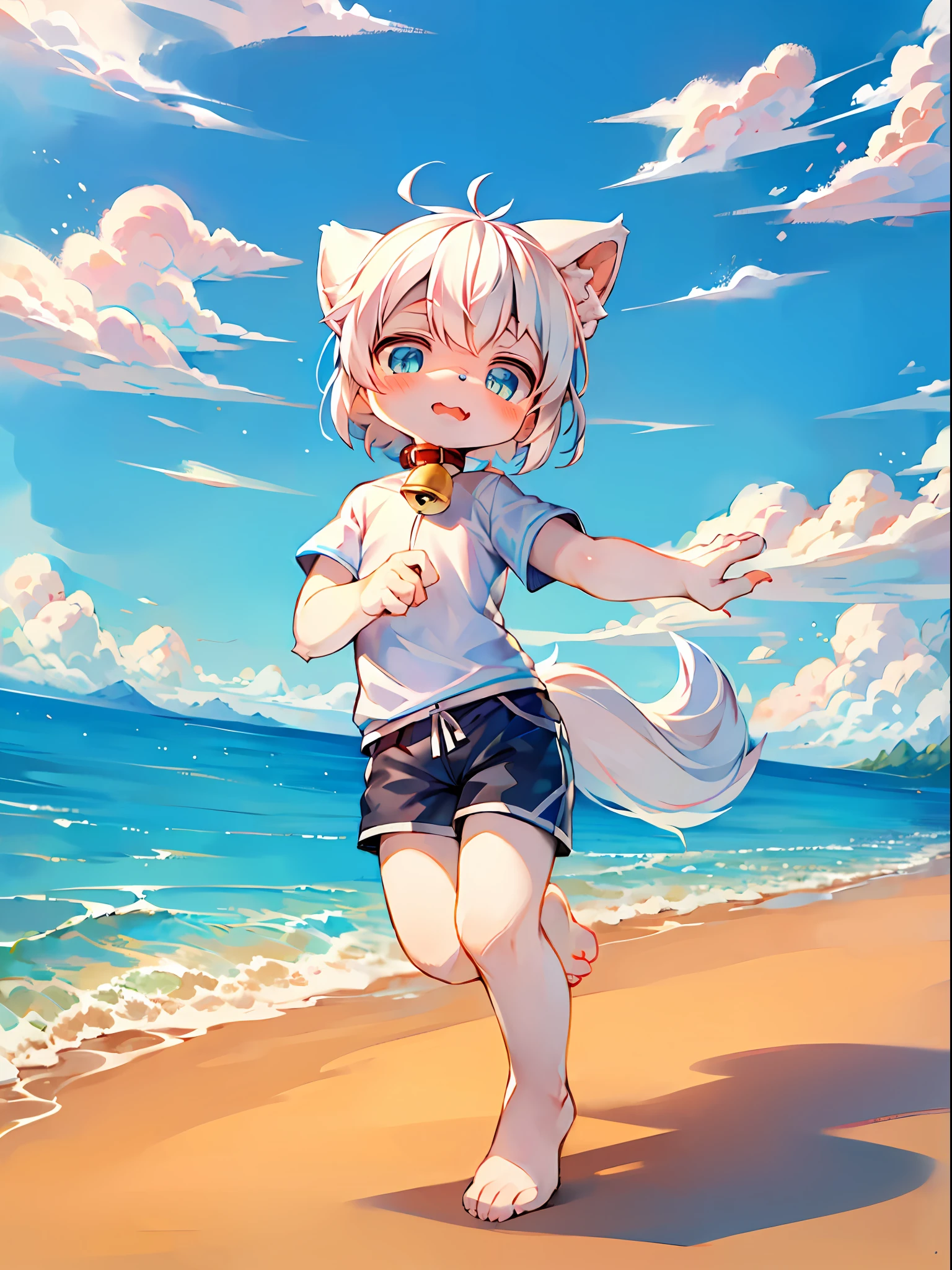 Masterpiece, high quality, absurd resolution, digital painting \ (artwork), by dagasi, yupa, kiyosan, (fluffy fur, white fur, full body fur,), boys, blue eyes, white hair, short hair, tail, shorts, barefoot, running, bright eyes, panorama, character focus. Detailed background, beach, sea, cloud background, (bell, pet collar, short sleeves: 1.2)