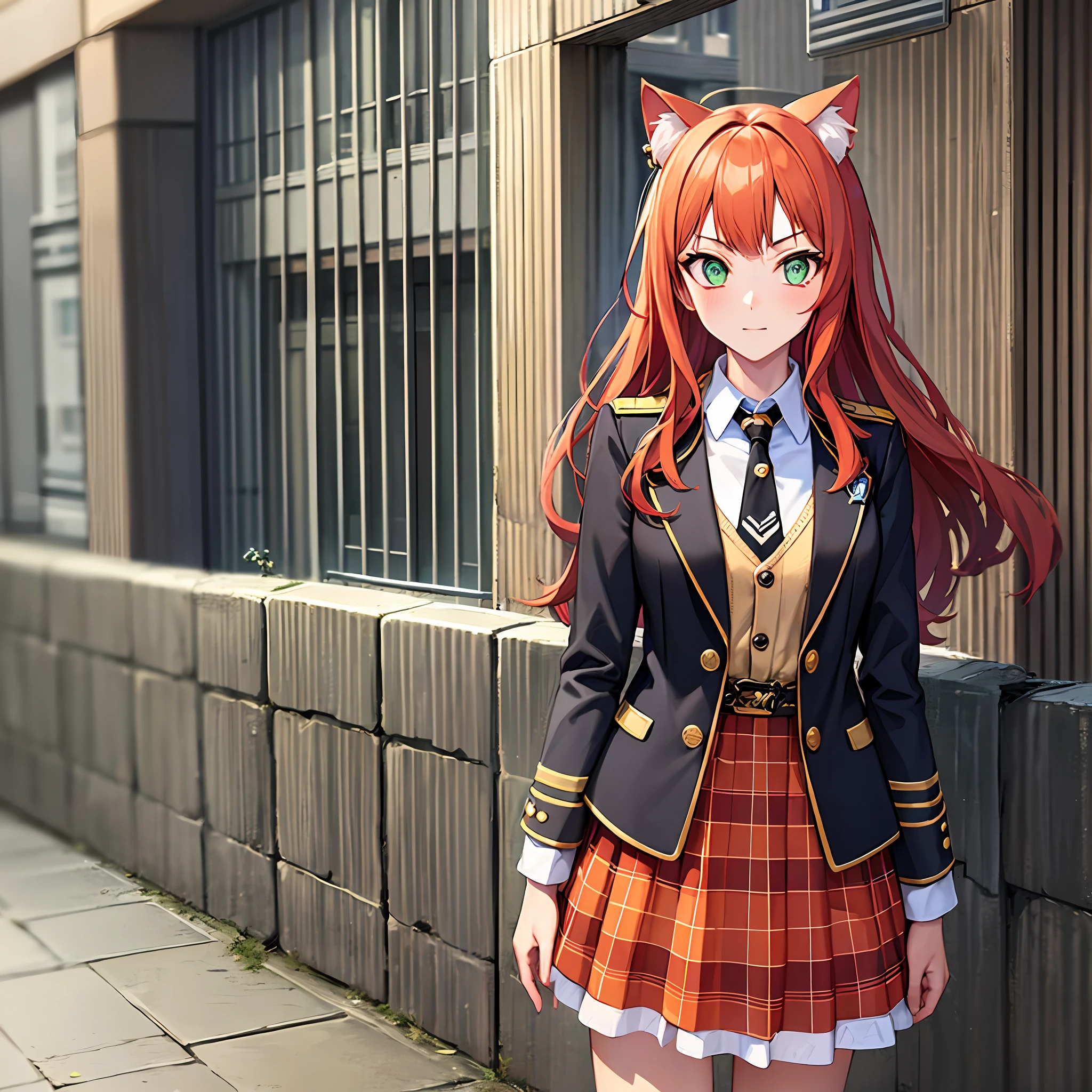 Blazer uniform, standing, 1 girl, 8k, white shirt, black jacket, High Quality, look at the viewer, red striped white dress, wearing cat ears, orange hair, long hair, beautiful hand drawn