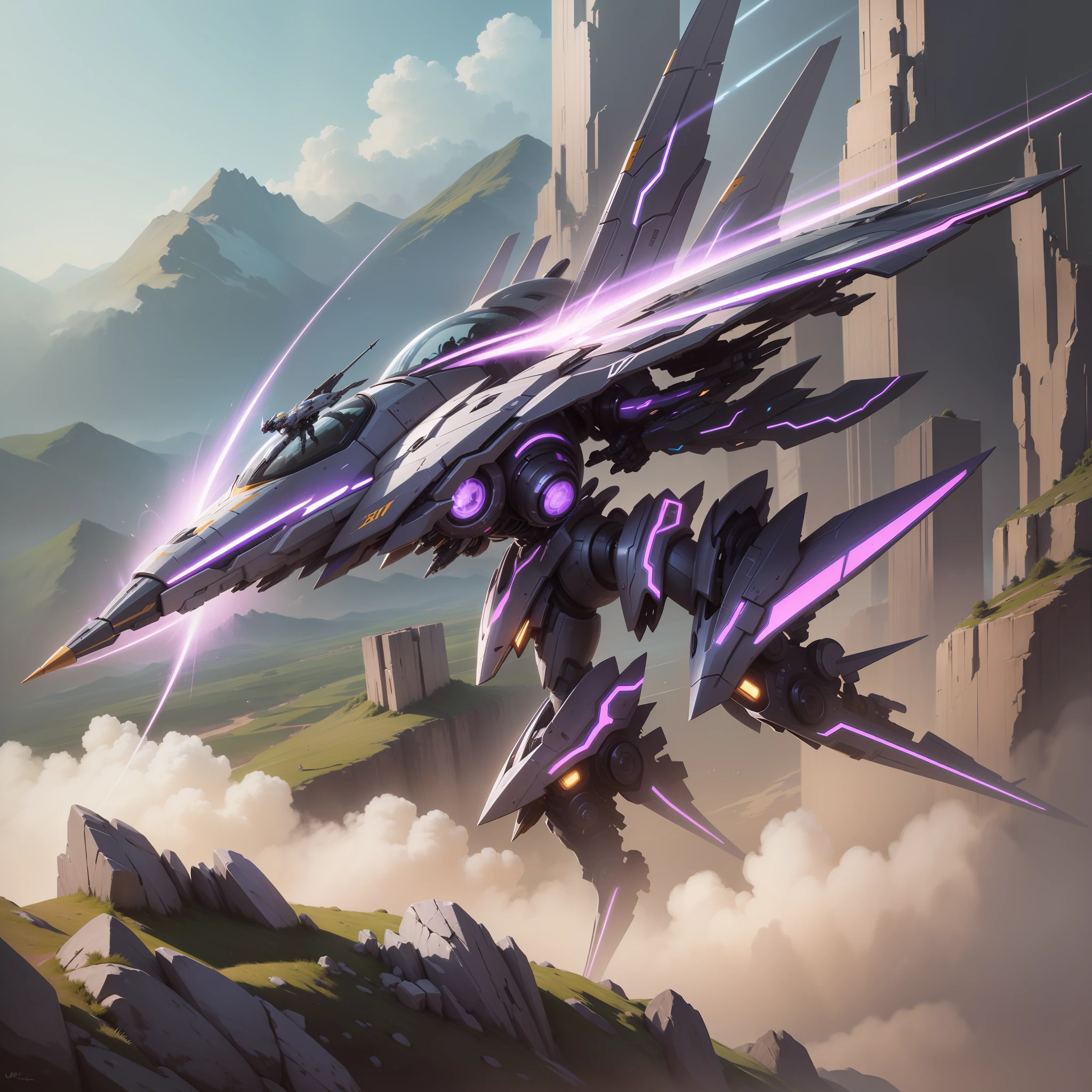 Purple mech, thunderbolt, soaring, side face, tall