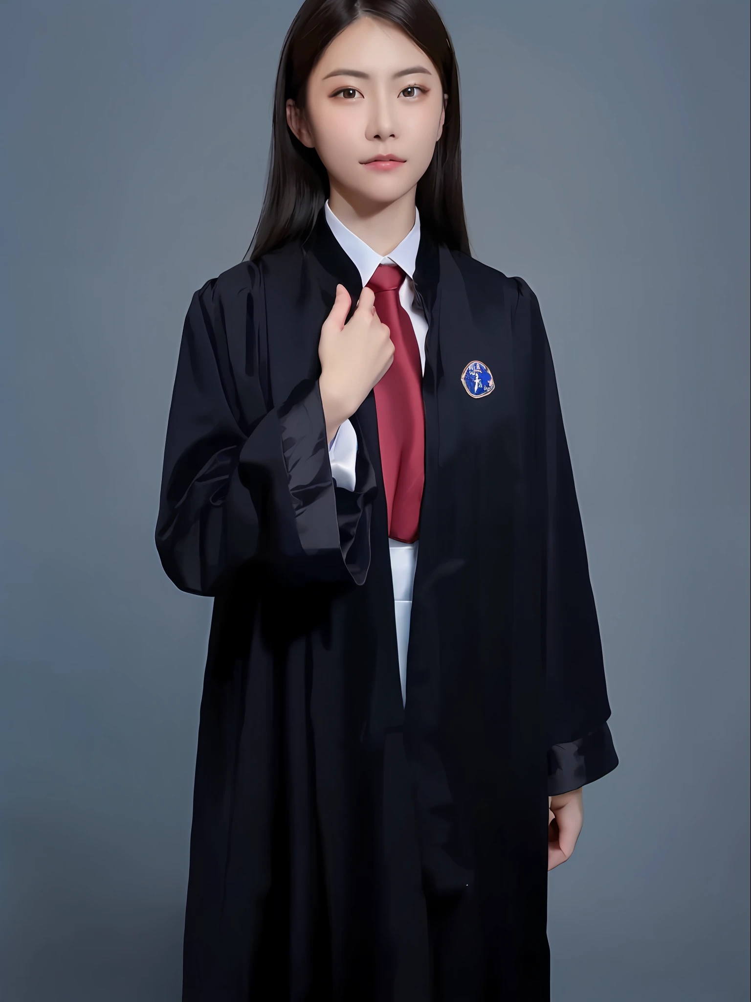 Arad woman posing for a photo in graduation dress and red tie, wearing academic dress, lawyer, dressed as a judge's robe, wearing black robe, science and technology robe, academic garment, wearing black robe, black robe, black robe, black silk robe, black silk robe, noble robe, dark robe