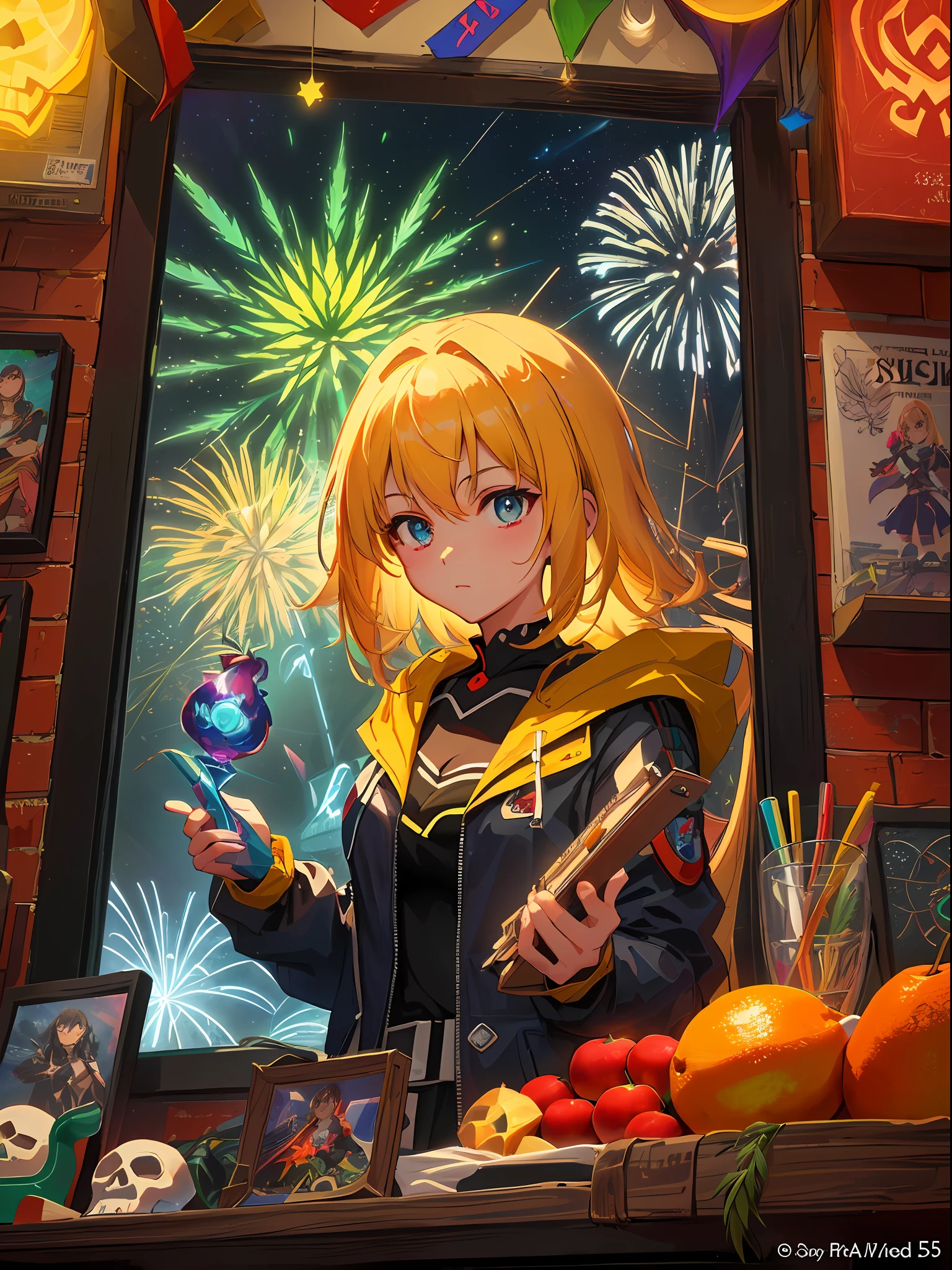 Masterpiece, Portrait, Cannabis Bushes, Marijuana Leaves, Neon Fireworks, Neon City, Neon Lights, Sorceress, Witch, Skull, Dragon, Magic Objects, Elixir of Life, Magical, Fruit Anthropomorphic, Jacket and With Mechanical Weapons, Pixar Animation, Disney Animation, Cool Blind Box, OC Rendering, Ray Tracing, High Quality, High Detail, High Resolution, 8k, Bust Size, It Means &quot; Reference to the animated film &quot;Interstella 5555&quot;. Spectrum, portal