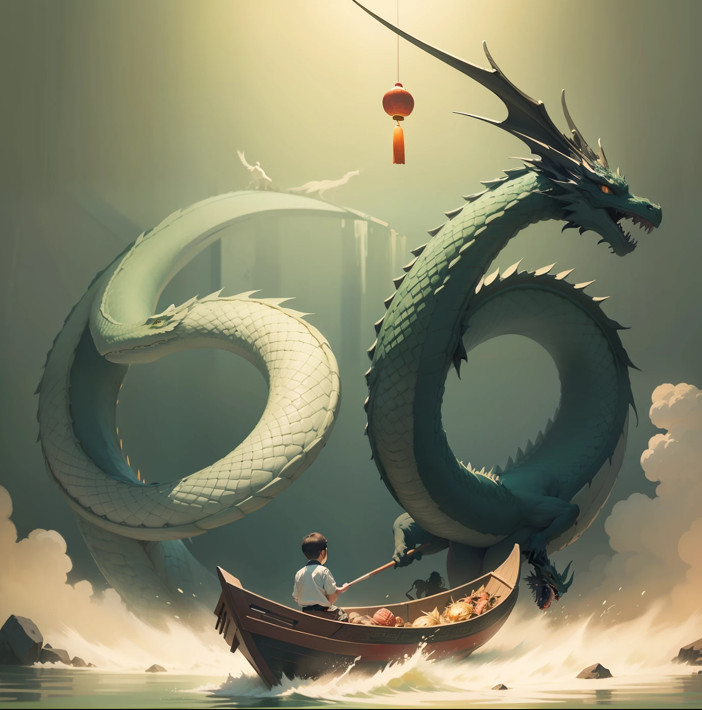 A picture of a traditional Chinese festival, a little boy in traditional costume sits on a dragon boat rowing a dragon boat, dragon boat rice dumpling elements, green tones, fresh, illustration style, full of tension, high details --auto