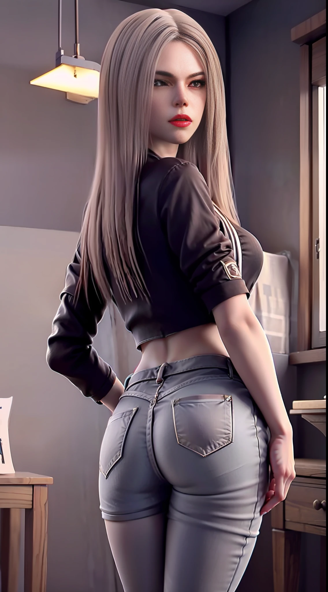 kaisha, ultra-high resolution, realistic, photorealistic, imagination, (reality), clear sky, composition, (HDR:1.5), interior, intricate details, black shirt, skinny jeans, back, 8K, standing, looking back, hips, red lips,