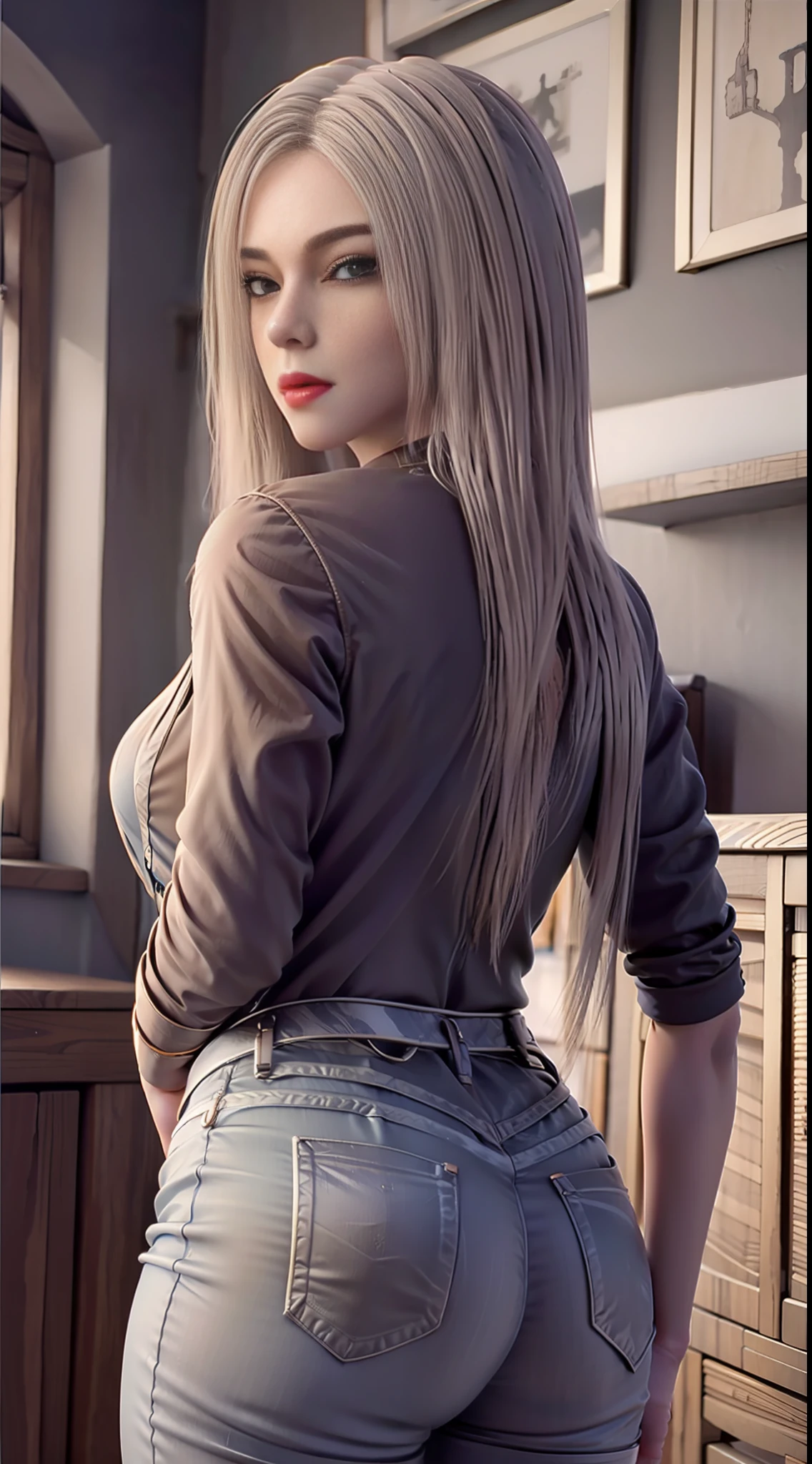kaisha, ultra-high resolution, realistic, photorealistic, imagination, (reality), clear sky, composition, (HDR:1.5), interior, intricate details, black shirt, skinny jeans, back, 8K, standing, looking back, hips, red lips,