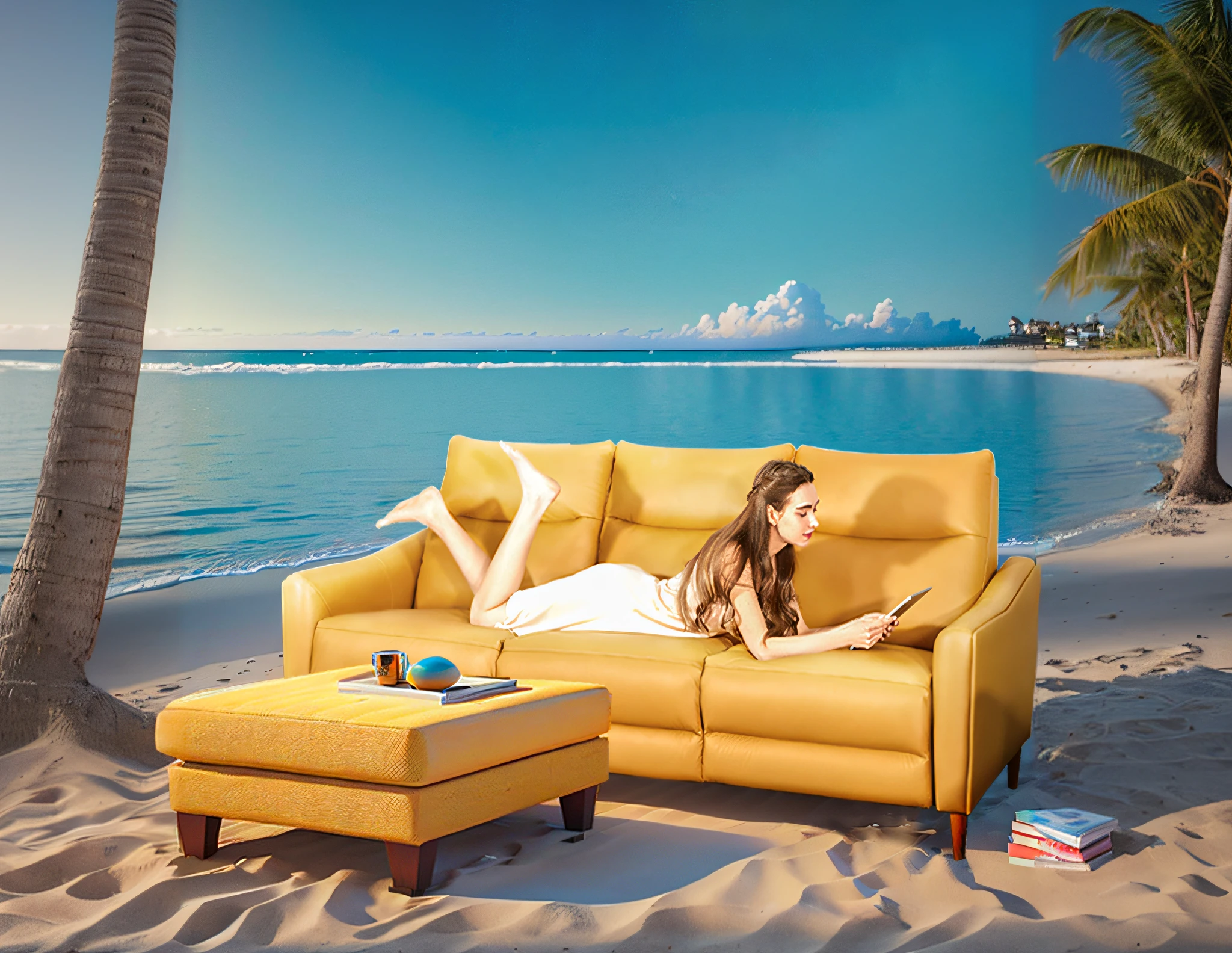arafed woman laying on a couch on the beach with a book, lounging on expensive sofa, is relaxing on a beach, it's is relaxing on a beach, relaxing on a modern couch, relaxing on the beach, relaxing at the beach, relaxing on a couch, in a beachfront environment, relaxing on the couch, advertising photo, reading new book