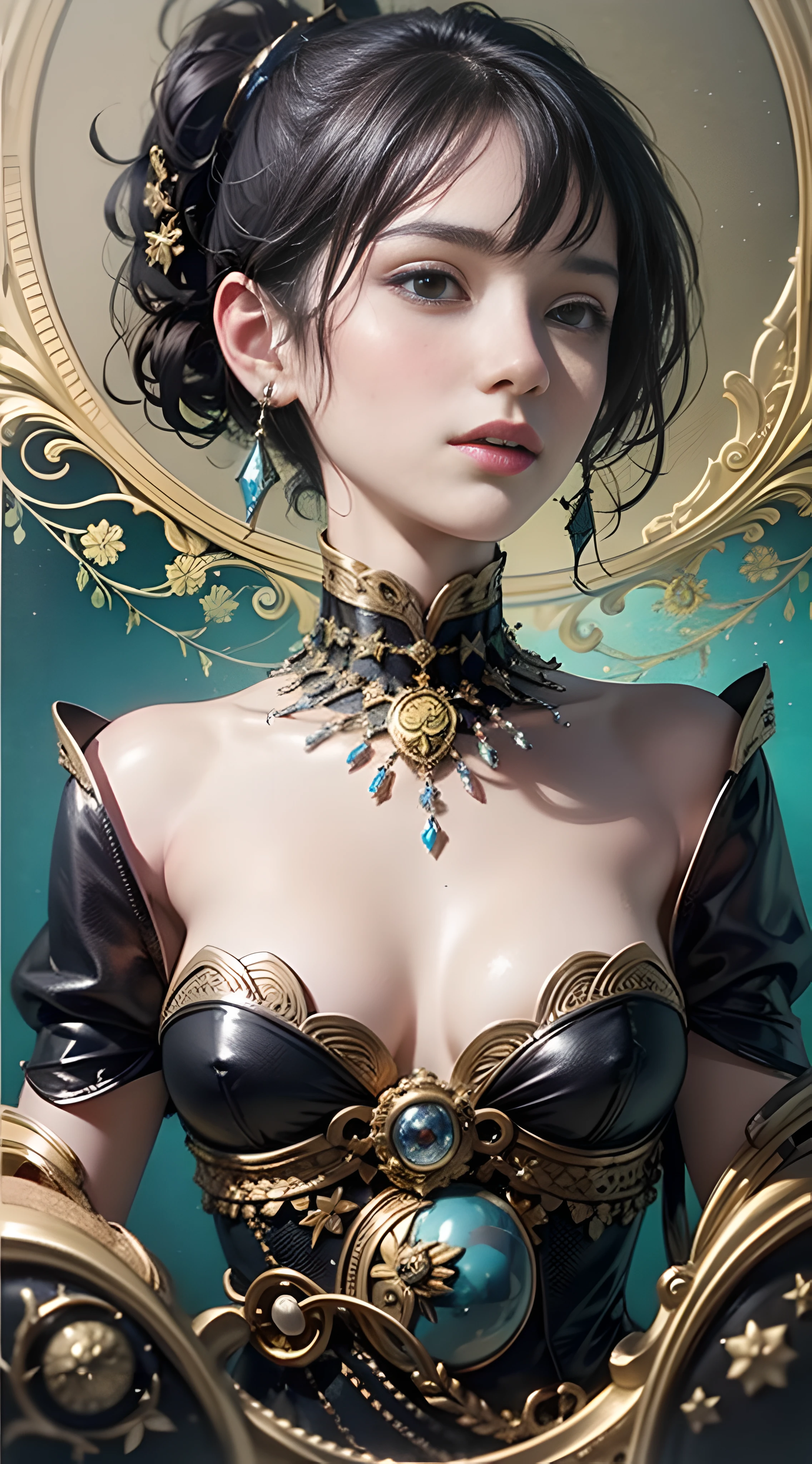 Official Art, Unity 8k Wallpapers, Ultra Detailed, Beautiful and Aesthetic, Masterpiece, Best Quality, (Zentangle, Mandala, Tangled, Entangle), (Fractal Art: 1.3), 1girl, Very Detailed, Dynamic Angle, Cowboyshot, Most Beautiful Forms Chaotic, Elegant, Fauvist Design, Bright Colors, Romanticism, James Jean, Robbie Devi Antono, Ross Tran, Francis Bacon, Michal Mlaz, Adrian Gaini, Petra Cortwright, Gerhard Richter, Takashi Yamamoto, Ashley Wood, atmospheric, ecstatic notes, flow notes visible, (black silk: 1.3), (whole body),