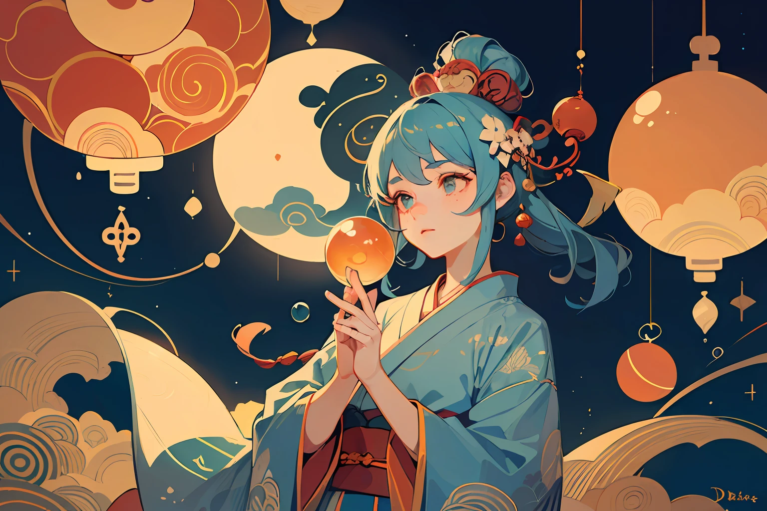 ((Masterpiece)), ((Super Detailed)), ((Best Quality)),,Traditional Chinese,Paper Fan Beautiful detailed eyes, detailed face, best lighting, best shadows, ancient Chinese girl in Hanfu playing flute and wearing delicate hair ornaments on her head, solo, ((classic Disney style, edge lighting, flat 2d style, Disney 2d)), ((main colors are orange and red)), giant moon, (girl inside the bubble:1.5), bubble land, world made of lanterns, freckles, cold nose, (((bubble))), marbles, chinese inspiration, (highly detailed), swirl effect,
