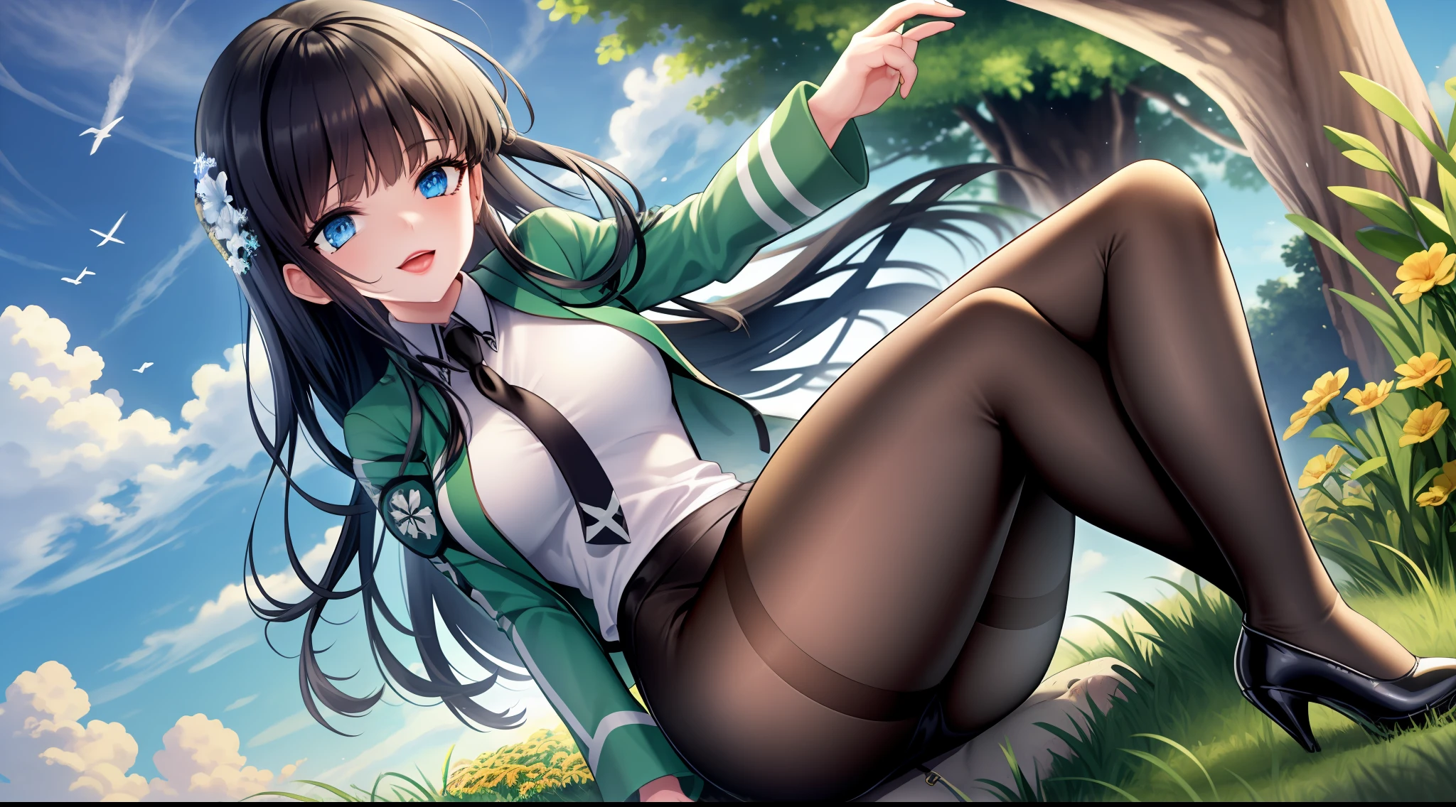 UHD best quality, masterpiece, extremely detailed eyes and face, beautiful detailed eyes, ultra-detailed, anatomically correct, ccurate, textured skin, super detail, high details, award winning, best quality, high quality, 8k,beautiful flowers, meadow, summer, noon, blue sky, cumulus clouds, rustic landscape, large tree, leaning against the trunk of a tree, full body, 1girl, school uniform, black necktie, white dress, green jacket, long sleeves, open jacket, high heels, fine fabric emphasis, bodystocking, Very Large Breasts, jump, jumping, naughty face, ahegao