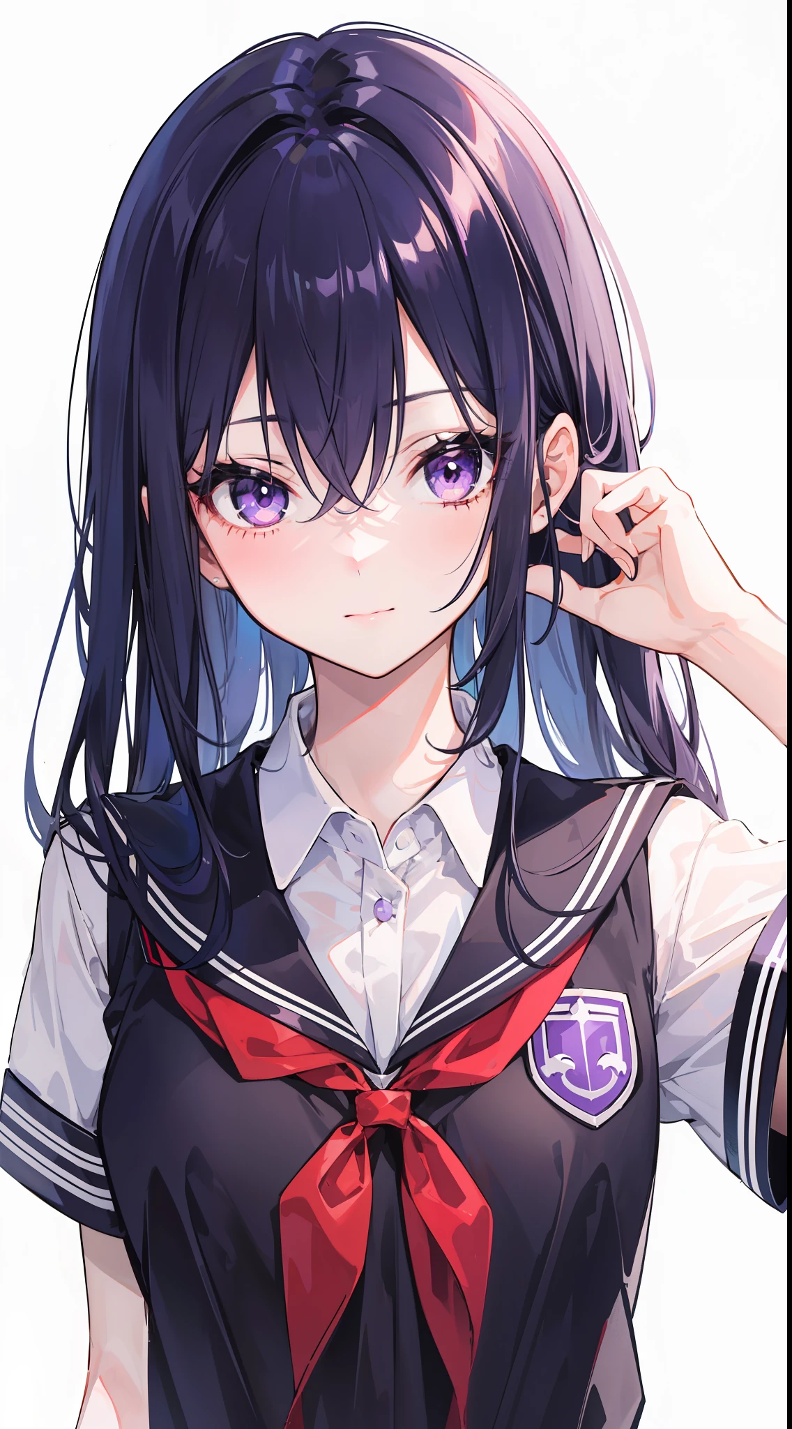 A girl was at a crossroads, wearing a school uniform, her hair is purple-black with her eyes are dark purple, long hair, and a charming face