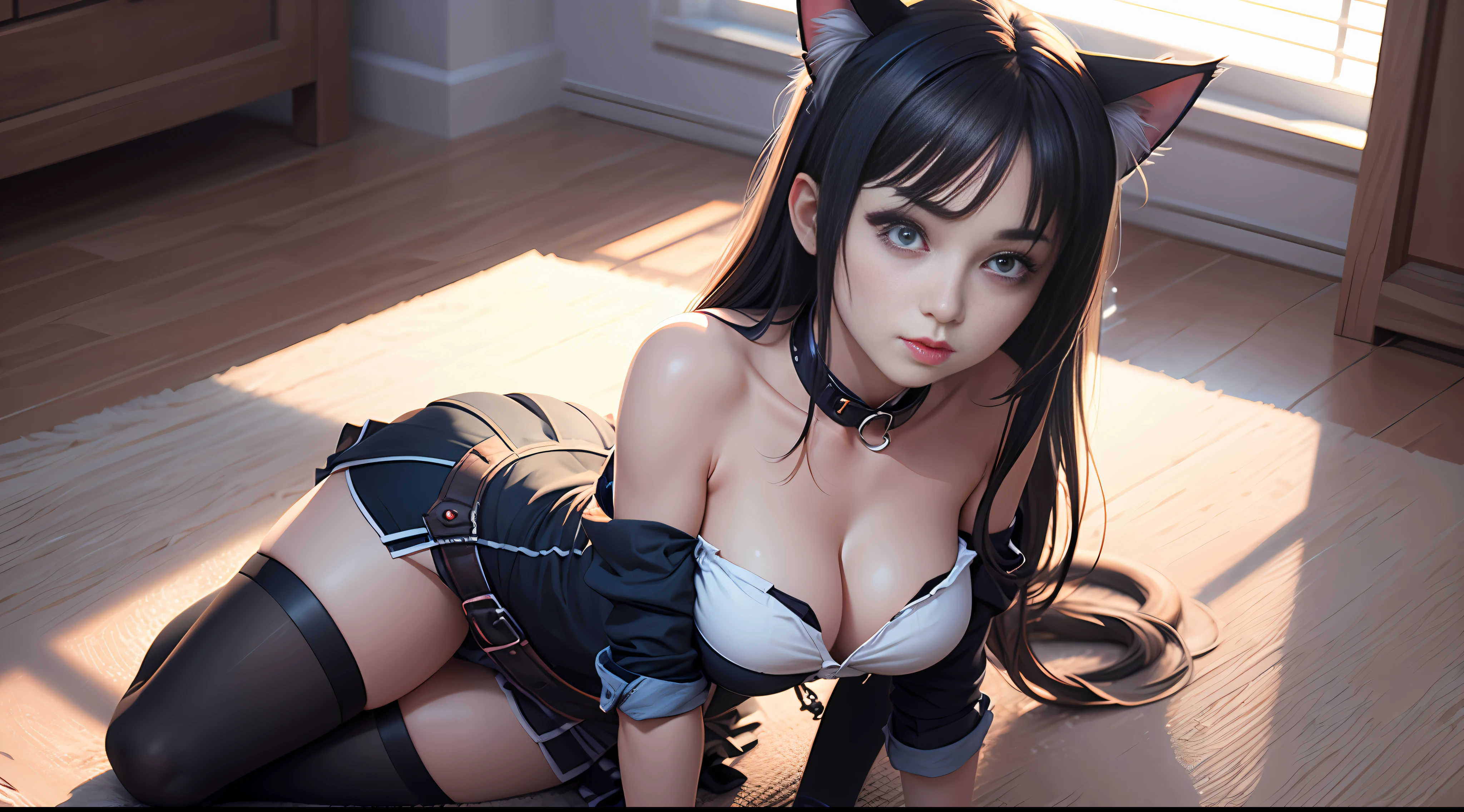 The viewing angle is wide-angle, full-body, anime style, cat-eared girl, dark blue pupils, perfect jawline, open collar, cleavage, miniskirt, black stockings, blush, bare arms, live-action CG, 3D rendering, pure lust, high quality, high resolution, 8k, --auto
