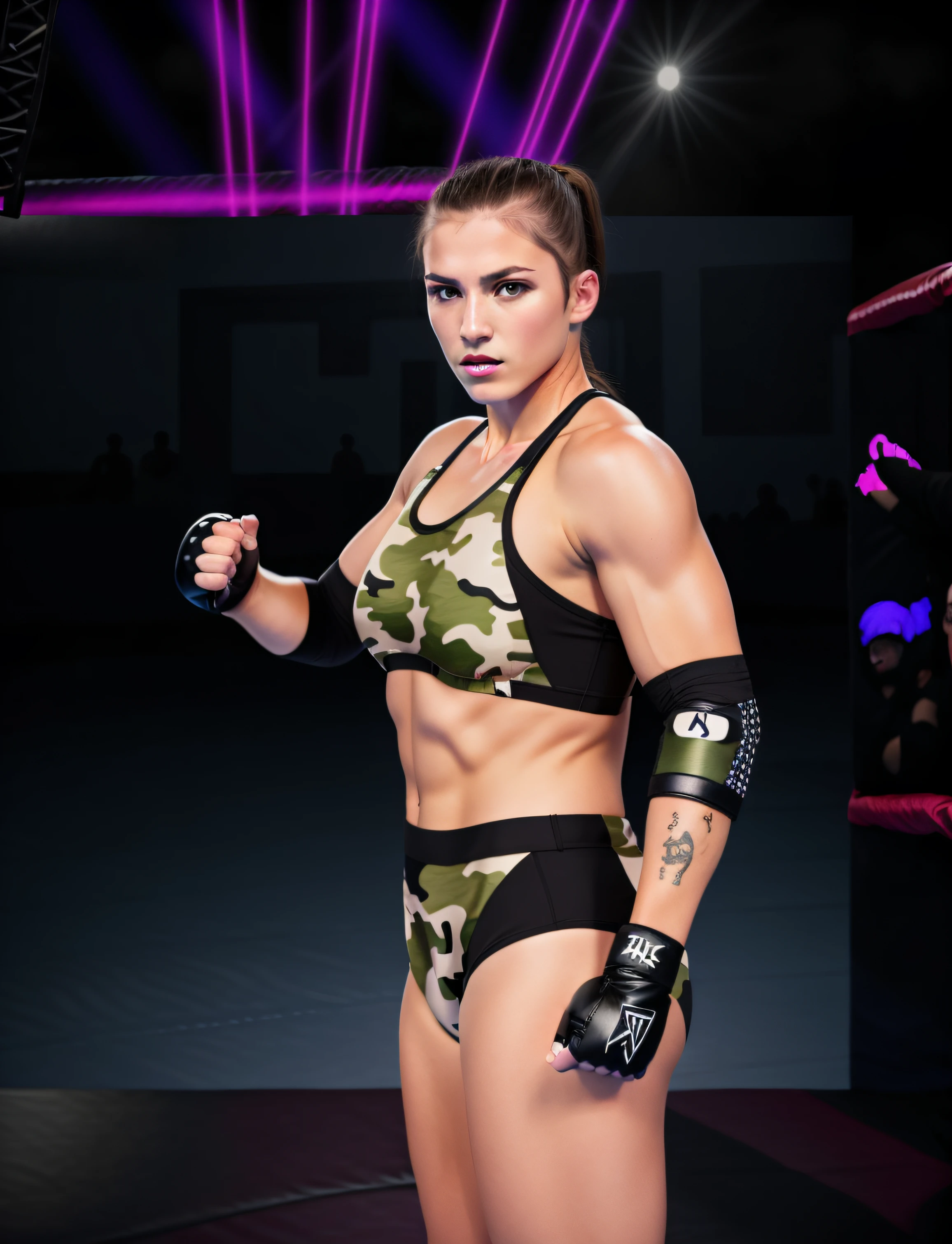 Caucasian female wrestler with short semi-shave brown hair in camouflage patterned bra and American flag, camouflage patterned high cut trunks, black Mix martial arts brawler gloves, black elbow pads, photo realistic, intricate details