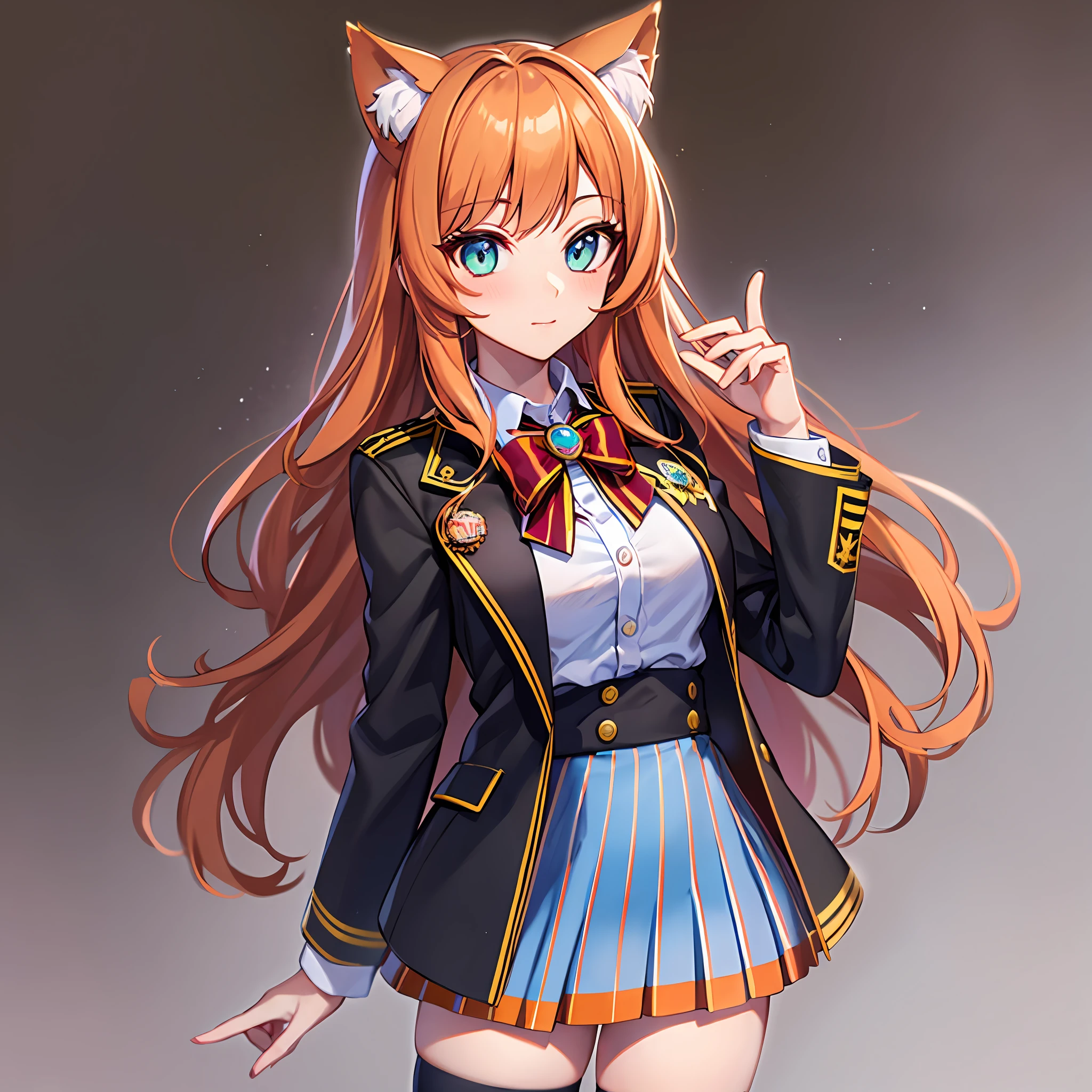 Blazer uniform, standing, 1 girl, 8k, white shirt, black jacket, High Quality, look at the viewer, red striped white dress, wearing cat ears, orange hair, long hair, beautiful hand drawn