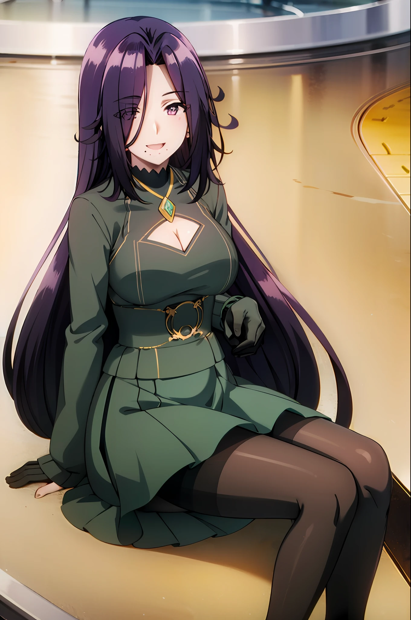 masterpiece, best quality, AuroraV4, 1girl, solo, looking at viewer, purple hair, long hair, solo, ((blush, long sleeves, pantyhose, alternate costume, brown sweater, sleeves past wrists, black pantyhose, ribbed sweater, thighband pantyhose, ankle boots)), breasts, indoors, japanese architecture, holding cup, cup, couch, sitting, professional lighting, smile, cowboy shot, cleavage, very long hair, black hair, night