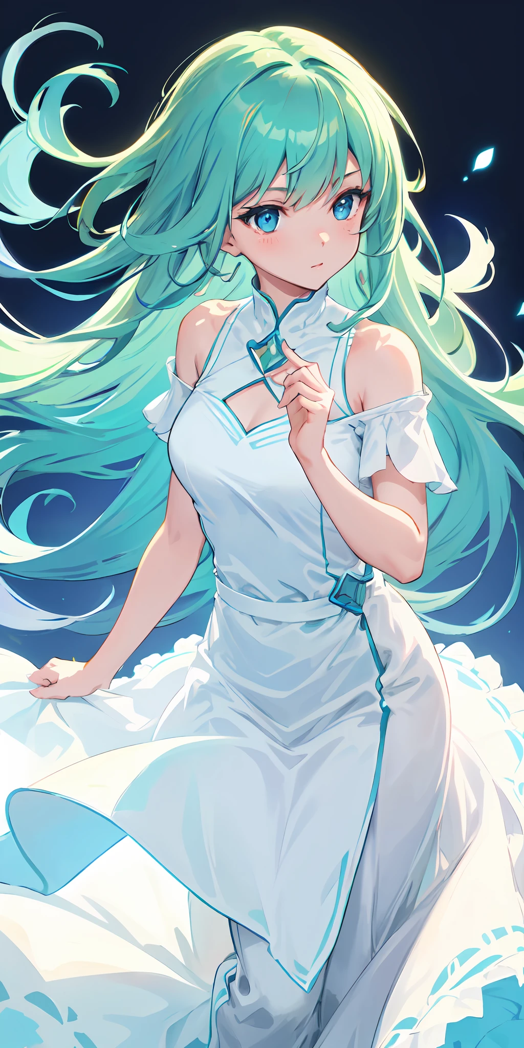 (masterpiece, best quality), 1girl, light blue and green gradient hair, blue eyes, long hair, long white dress,