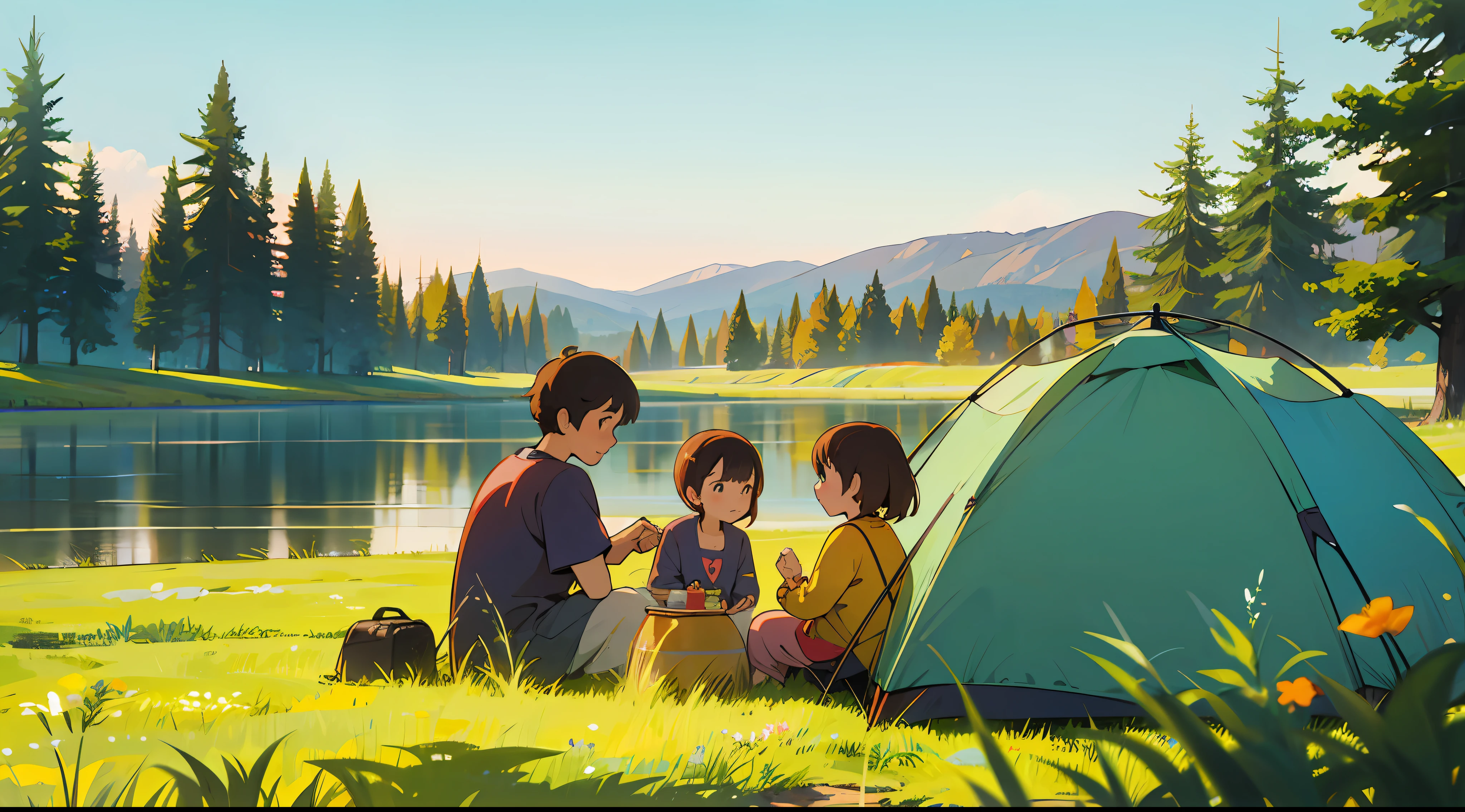 Warm colors, sunny, meadow, lake, camping, family of four, playing, HD, high quality, 8K, HD wallpaper