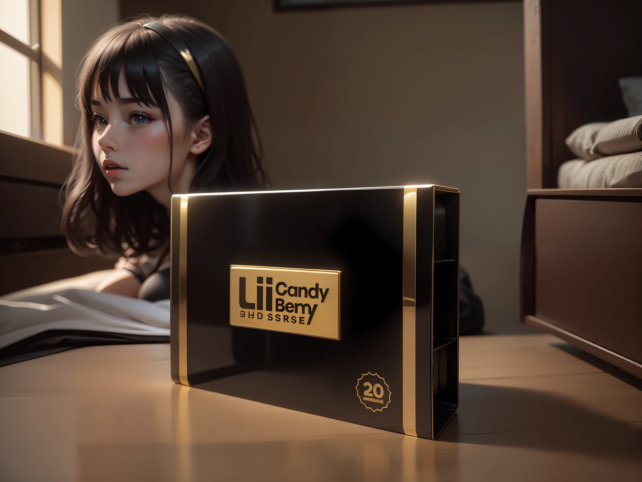 1 girl, dressed sexy, pounced on bed, black and red box with gold logo in front of her face, miniature product photo, promotional photo