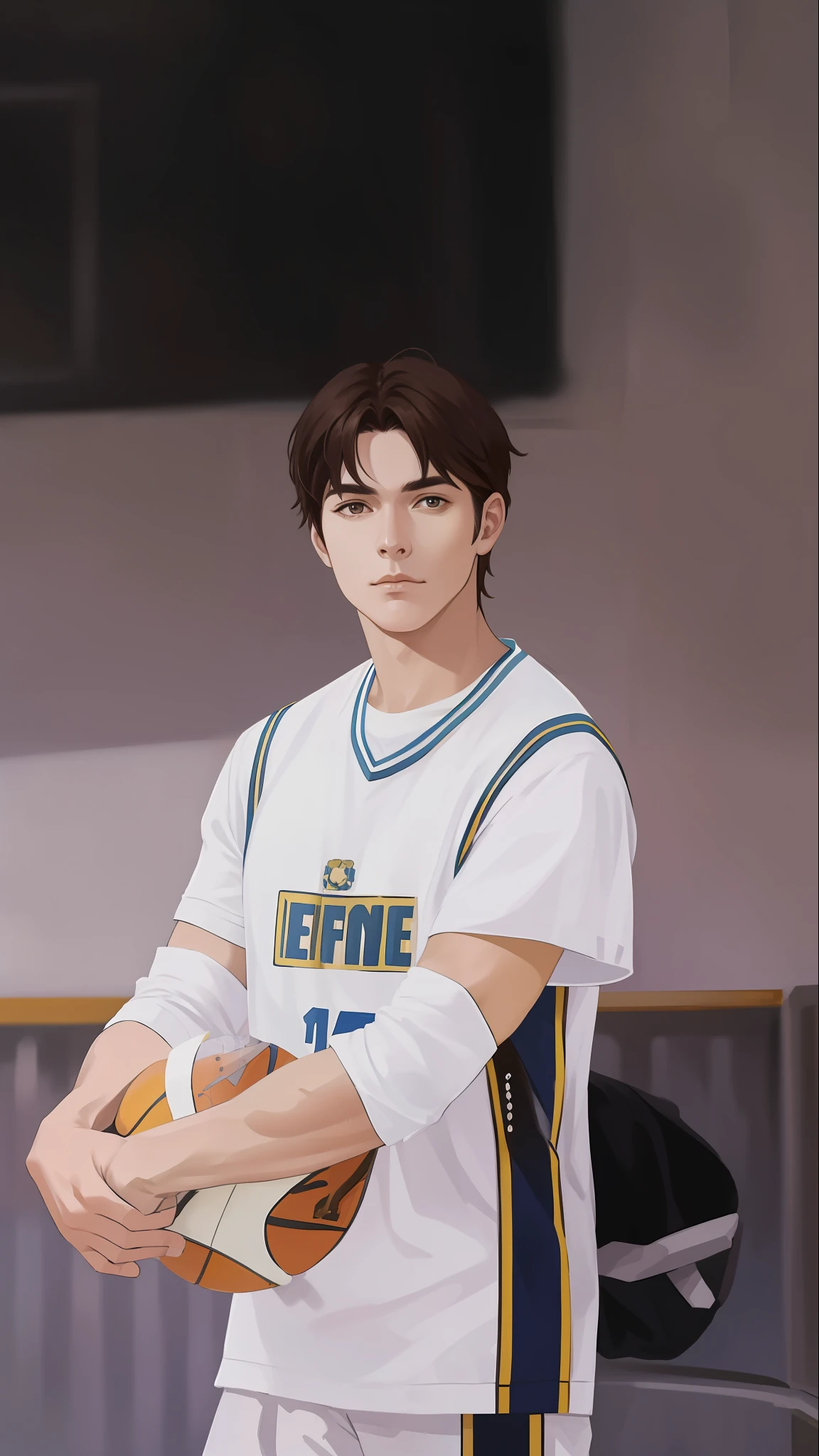 masterpiece, best quality, realistic, 1man, male focus, mature, tall muscular, handsome, [thick eyebrows], portrait, extremely detailed face, (brown hair), (short hair), casual clothes, blue sky