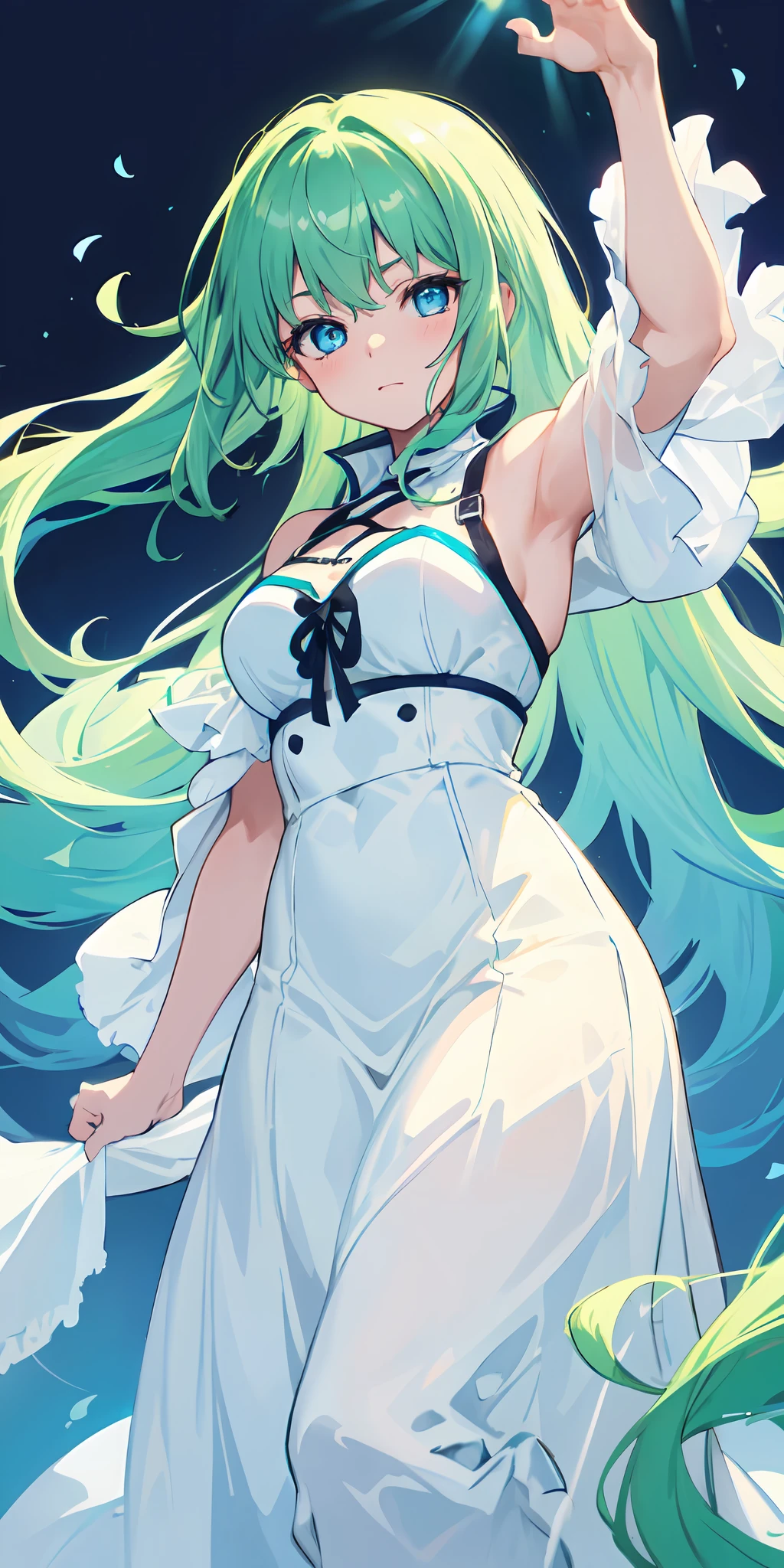 (masterpiece, best quality), 1girl, light blue and green gradient hair, blue eyes, long hair, long white dress,