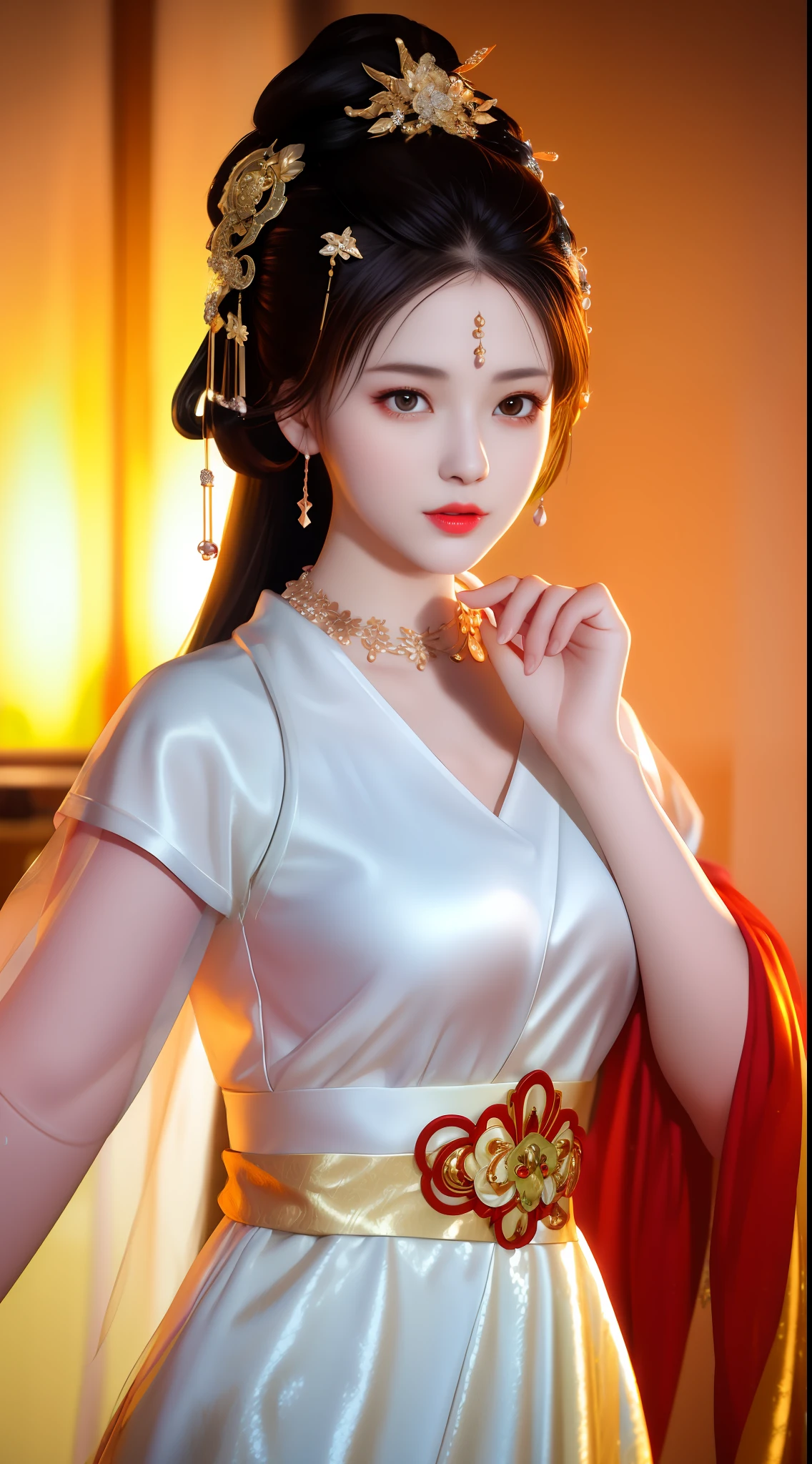 best quality, masterpiece, highres, 1girl, china dress, hair ornament, necklace, jewelry, Beautiful face, upon_body, tyndall effect, photorealistic, dark studio, rim lighting, two tone lighting, (high detailed skin:1.2), 8k uhd, dslr, soft lighting, high quality, volumetric lighting, candid, Photograph, high resolution, 4k, 8k, Bokeh, medium breasts,