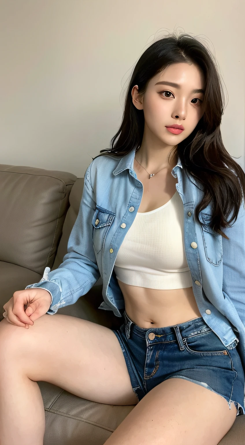 ((Top quality, 8k, Masterpiece: 1.3)), Beauty, Hidden Face, 1 Girl, Beauty: 1.3, Slender Abs: 1.1, Large Men's Shirt (Loose: 1.4) Exposed, No Underwear, Denim Ultra Shorts, Full, Long Brunette Hair, (Sitting Cross-legged on the sofa), Ultra-detailed face, Highly detailed lips, Detailed eyes, double eyelids, Strict head-to-body ratio: 1.5,