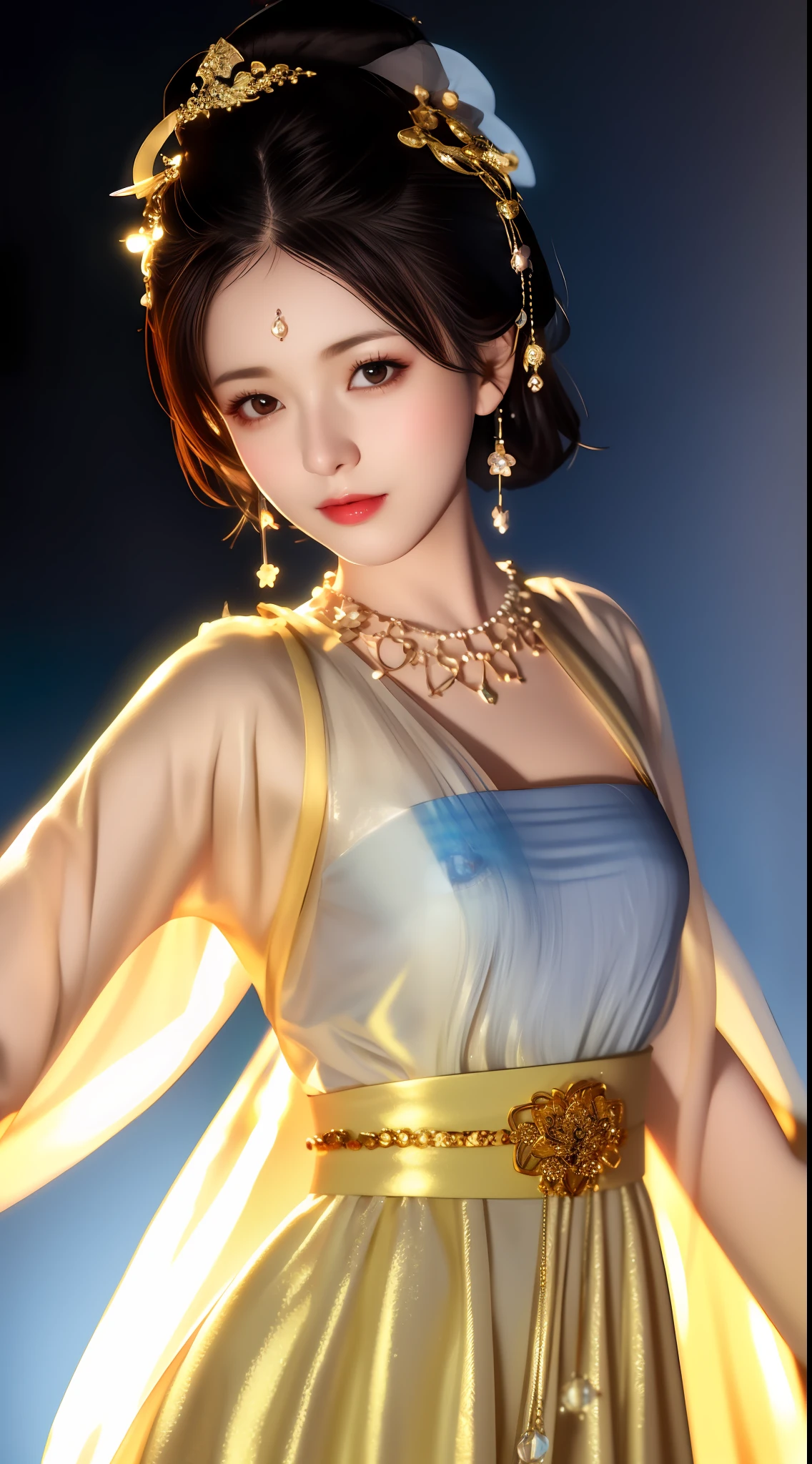 best quality, masterpiece, highres, 1girl, china dress, hair ornament, necklace, jewelry, Beautiful face, upon_body, tyndall effect, photorealistic, dark studio, rim lighting, two tone lighting, (high detailed skin:1.2), 8k uhd, dslr, soft lighting, high quality, volumetric lighting, candid, Photograph, high resolution, 4k, 8k, Bokeh, medium breasts,