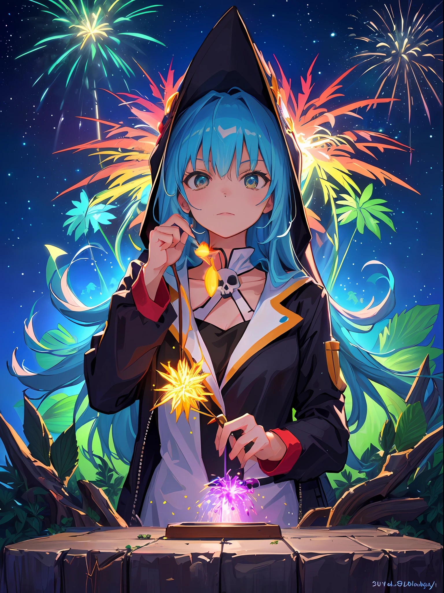 Masterpiece, Portrait, Cannabis Bushes, Marijuana Leaves, Neon Fireworks, Neon City, Neon Lights, Sorceress, Witch, Skull Print, Dragon, Magic Objects, Elixir of Life, Magical, Fruit Anthropomorphic, Jacket and With Mechanical Weapons, Pixar Animation, Disney Animation, Cool Blind Box, OC Rendering, Ray Tracing, High Quality, High Detail, High Resolution, 8k, Bust Size, It Means " A reference to the animated film "Interstella 5555". Adventure Time, Bleach, Bankay, Spectrum, Portal