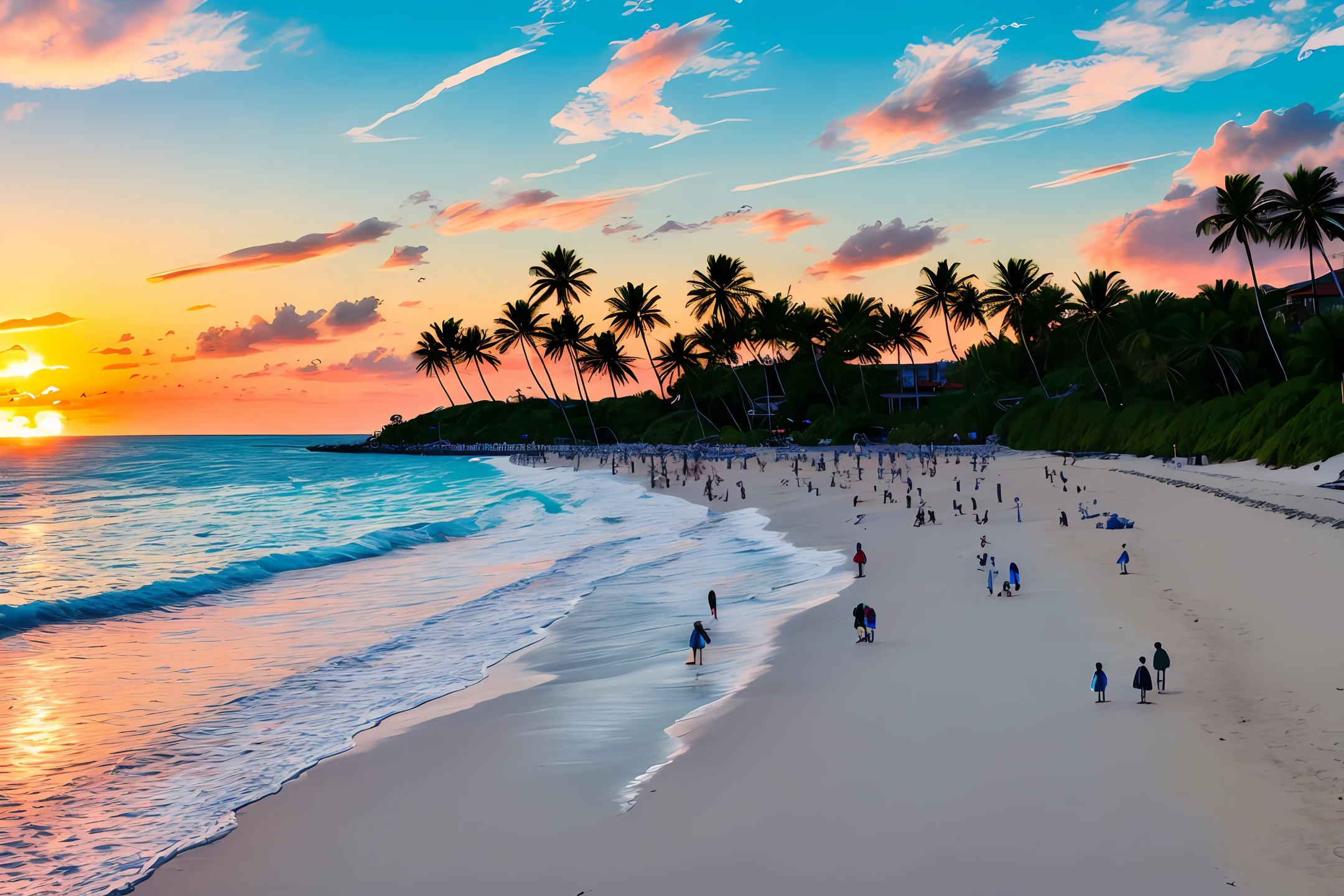 An absolutely mesmerizing sunset on the beach, with orange, pink, white boats and yellow filling the sky. The water is crystal clear, gently kissing the shore, and the white sand beach stretches as far as the eye can see. The scene is dynamic and breathtaking, with seagulls soaring high in the sky and palm trees gently swaying. Immerse yourself in the tranquility and let the tranquility surround you. The family strolls on the sunny beach