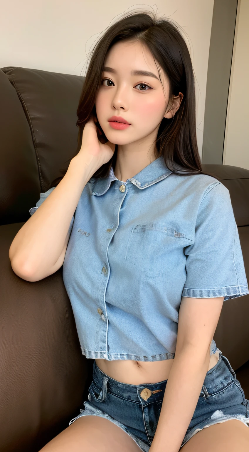 ((Top quality, 8k, Masterpiece: 1.3)), Beauty, Hidden Face, 1 Girl, Beauty: 1.3, Slender Abs: 1.1, Large Men's Shirt (Loose: 1.4) Exposed, No Underwear, Denim Ultra Shorts, Full, Long Brunette Hair, (Sitting Cross-legged on the sofa), Ultra-detailed face, Highly detailed lips, Detailed eyes, double eyelids, Strict head-to-body ratio: 1.5,