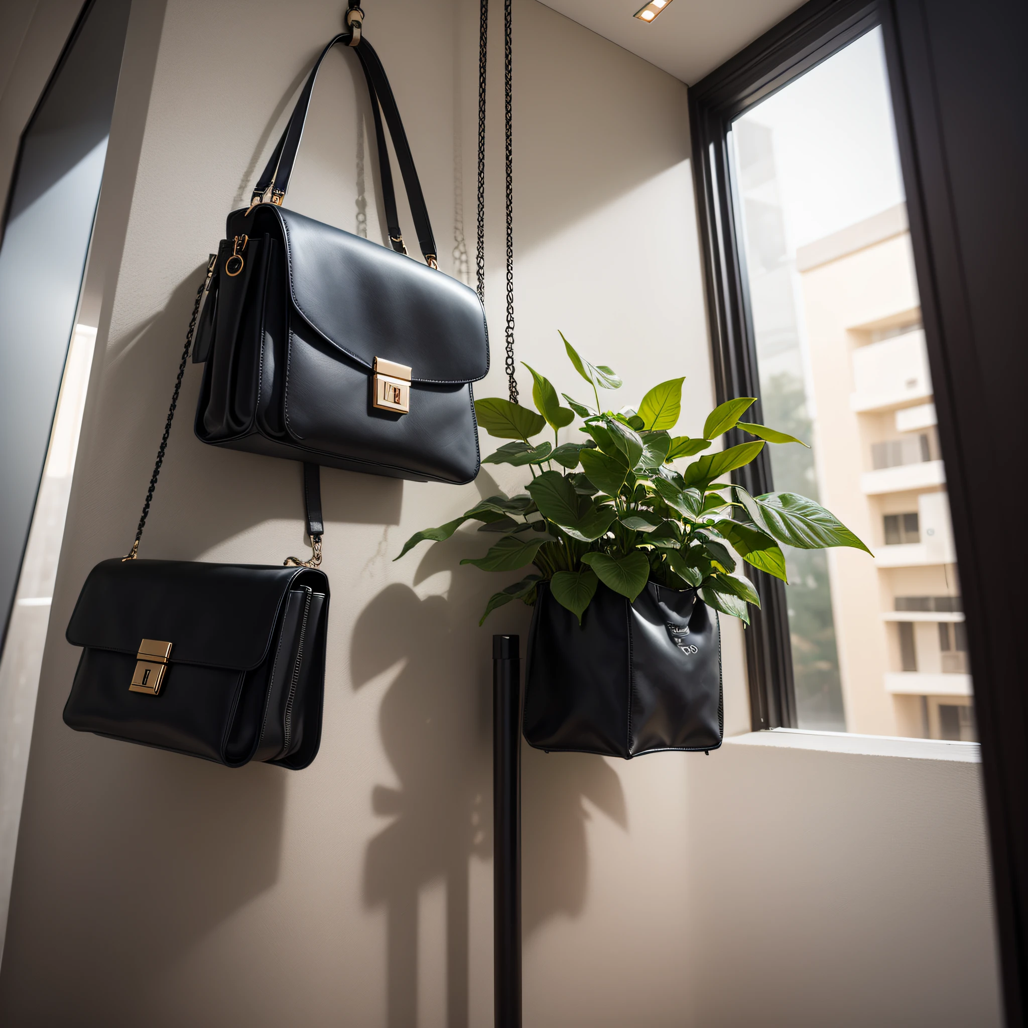 There is a black bag hanging black strap on the wall, black texture, abstract black leather, minimalistic and high resolution product photo, akiman, bag, top-down photo, handbag, high angle close-up shot, medium full shot, super texture, exquisite black accessories, gray background, vanta black, bag, inside fashionable café, Plants can be seen in the distance --auto