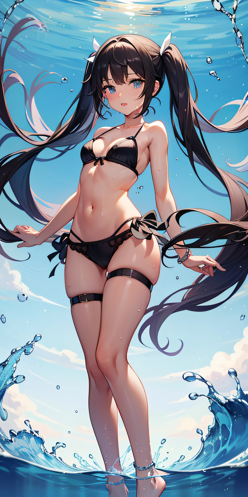 {{masterpiece}},illustration,bestquality,extremelydetailedCGunity8kwallpaper,1girl,petite,loli,solo,longhair,blackhair,partedlips,side-tiebikinibottom,stringbikini,navel,lookingatviewer,see-through,overhang,water,serafuku,twintails,verylonghair,fullbody,bareshoulders,barelegs,blueeyes,thighs,breasts,bangs,stomach,partedlips,floatinghair<lora:AnimeTarotCardArtStyleLoRA,standing,bra_visible_through_clothes,croppedshoulders,slimlegs,smallbreasts,cowboyshot,navel,croppedshoulders,soaked,thighstrap,,Whitegarter,skindentation,ribbon,wet,glossyskin,reflectiveskin,anklet,sweat,