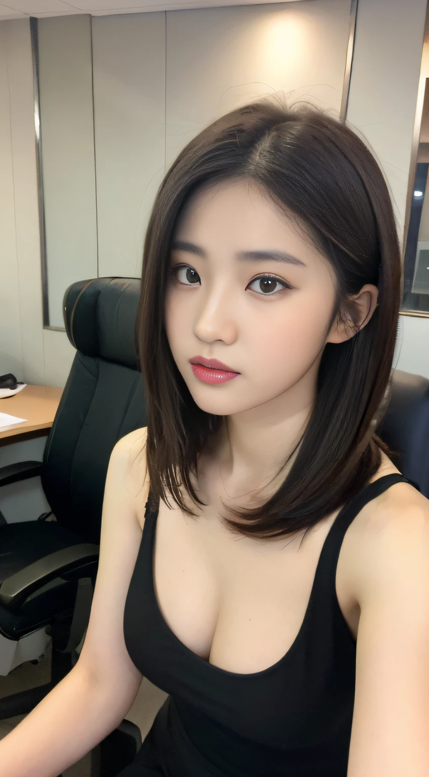 ((Best quality, 8k, Masterpiece :1.3)), Sharp focus:1.2, Perfect Body Beauty:1.4, Slim Abs:1.2, ((Layered hairstyle, Big breasts:1.2)), (Tank top shirt:1.1 ), (Street:1.2), Highly detailed face and skin texture, Fine eyes, Double eyelids, Seduction, short skirt, flight attendant, long brown hair, office chair, hip skirt, Big breasts do not leak points, high-definition facial features, 8K