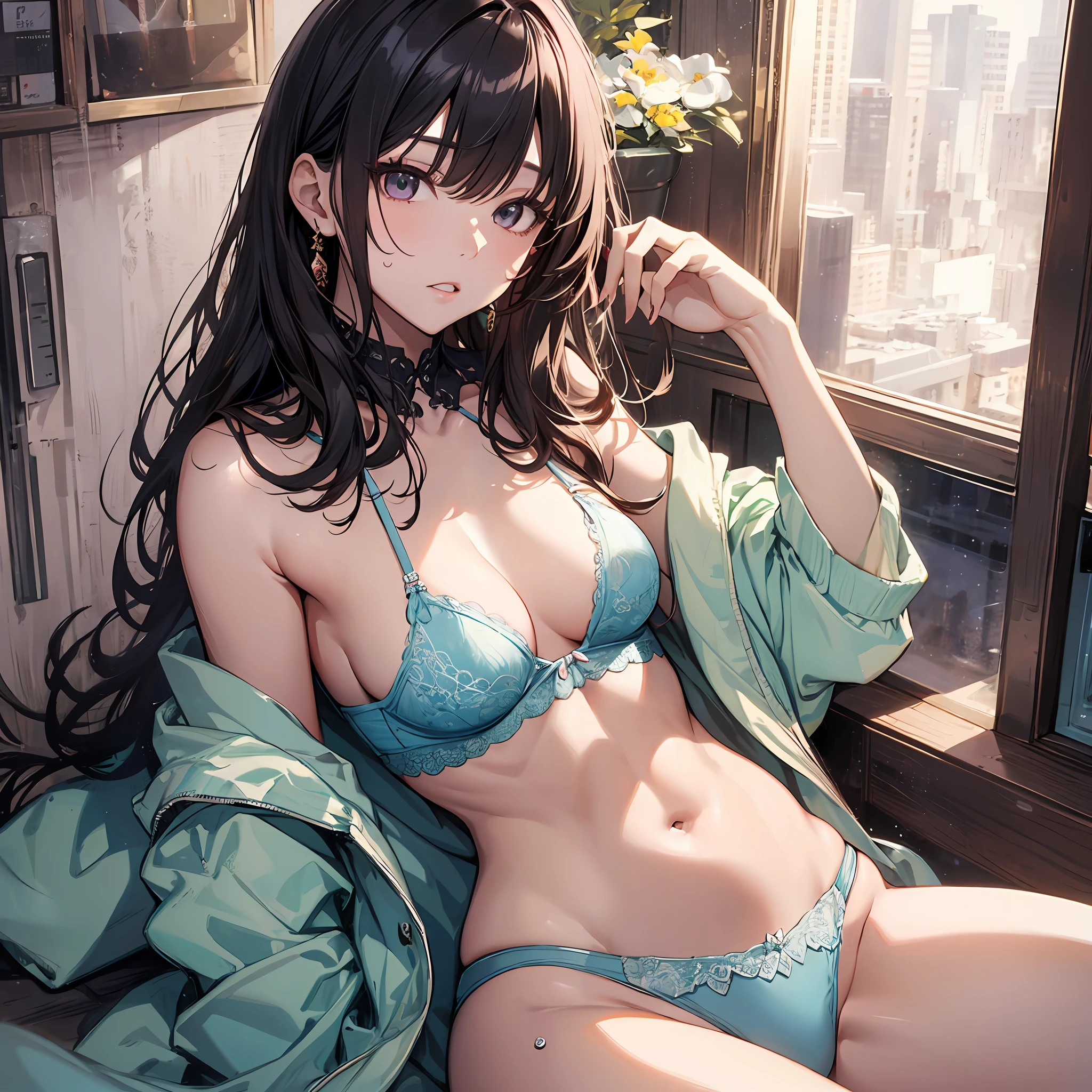 masterpiece, 4K, Best quality, À la Fed woman, Lee Ji-eun, Lee Ji-eun, Park Ji-min, Choi Hong-hwa, Hwang Se-on, Nam Jae-young, Jiho, Bae Suzy, Yoshitomo Nara, Deyami Kojima, beautiful young Korean woman Beauty muscles Luxurious light blue lingerie Shameful Sexy Beautiful Abs Beauty Sweat