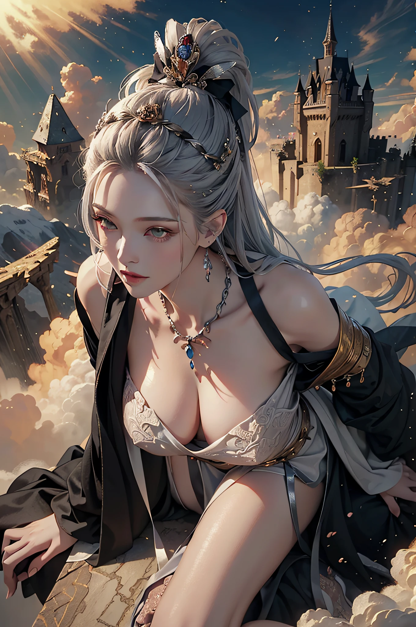 realistic, (masterpiece, top quality, best quality, official art, beautiful and aesthetic:1.2), very detailed, fractal art, colorful, most detailed, dynamic angle, (castle on the mountain on the clouds) 1girl, queen, silver hair, bright eyes, hair combed back, light smile, glaring, black robe, open cloth, from above