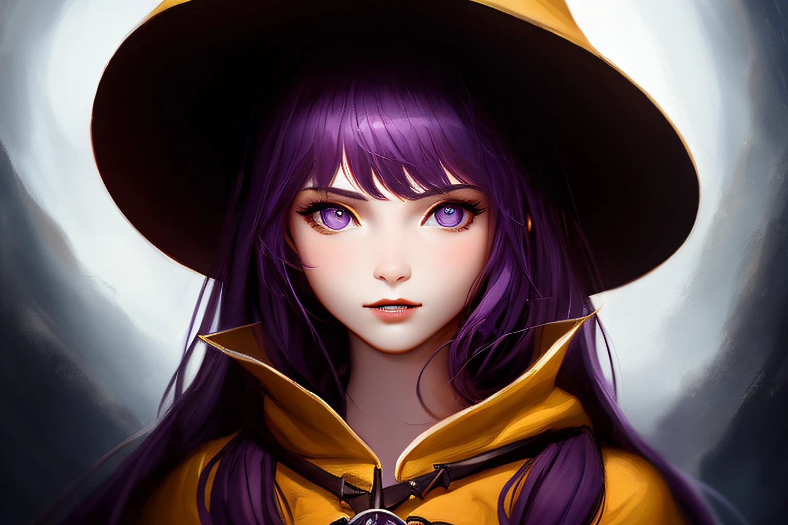 Portrait of a small vampire woman wearing a yellow cloak, detailed face, fantasy, highly detailed, cinematic lighting, digital art painting by greg rutkowski, purple eyes, purple hair, big magic pentagram on background