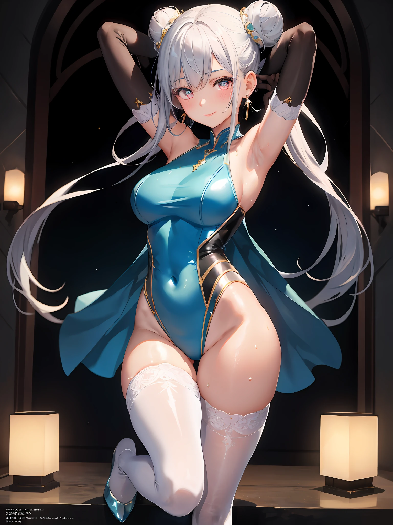 1 girl,masterpiece,beautiful lighting, detailed beautiful face, detailed beautiful eyes, high resolution, ultra-fine illustration, very delicate and beautiful, top quality, (:1.2), (light blue leotard), solo, smile, 30s, (silver hair ,hair is tied back, bun hair, crimson eyes),, curvaceous, (shiny hair, shiny eyes, shiny skin), (glowing skin:1.2), , thighs, White thighs, covered navel, pelvic curtains, gloves, elbow gloves, armpits, earrings, thighs, arms raised, under, blush, sweat, jewelry, thick thighs, bangs, arms behind the head, parting lips, full body, blushing cheeks ((white tights)), bright, full body