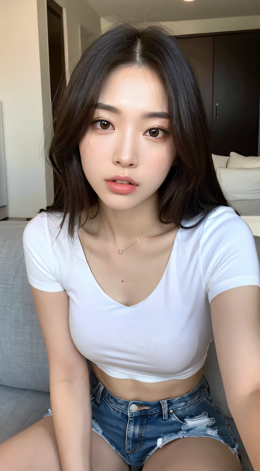 ((Top quality, 8k, Masterpiece: 1.3)), Beauty, Hidden Face, 1 Girl, Beauty: 1.3, Slender Abs: 1.1, Large Men's Shirt (Loose: 1.4) Exposed, No Underwear, Denim Ultra Shorts, Full, Long Brunette Hair, (Sitting Cross-legged on the sofa), Ultra-detailed face, Highly detailed lips, Detailed eyes, double eyelids, Strict head-to-body ratio: 1.5,