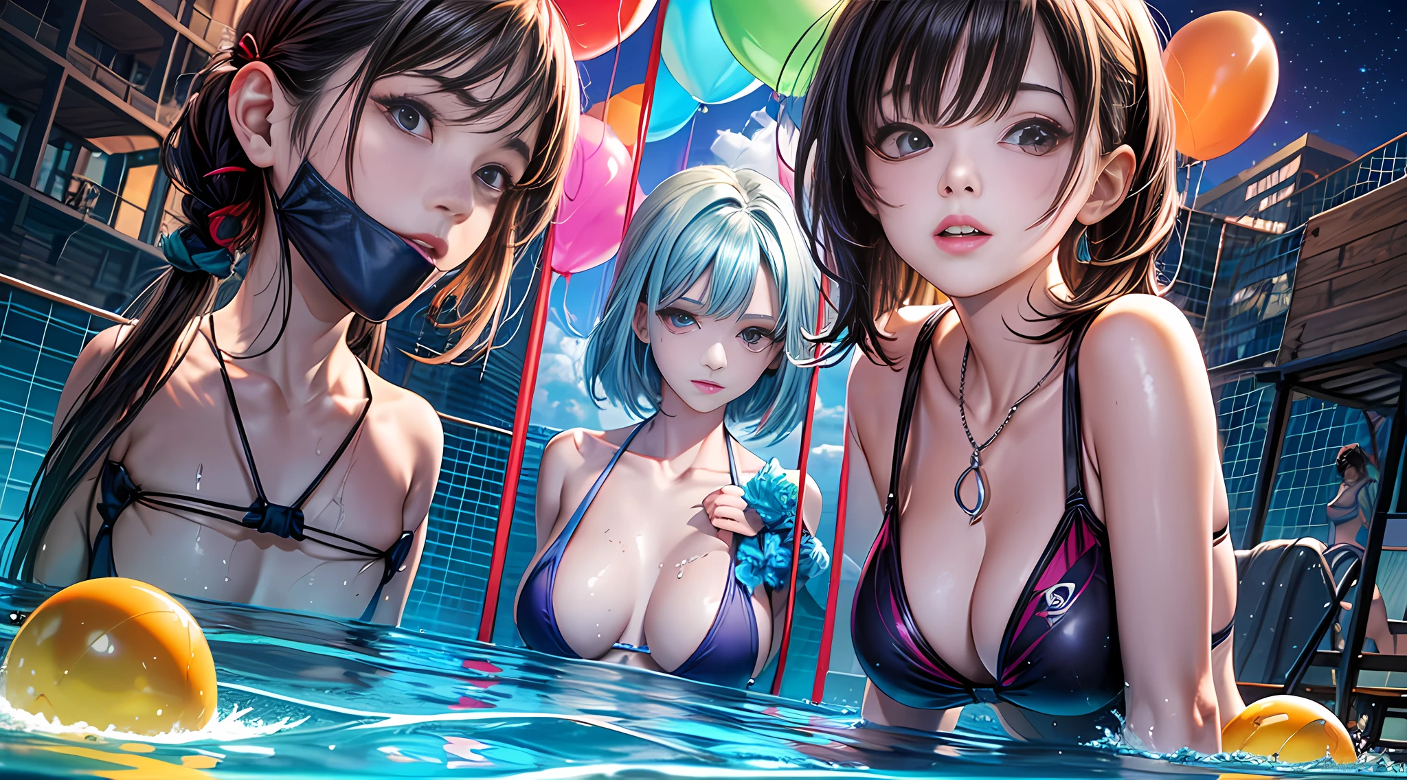 anime girls in bikinis in a pool with balloons and a ball, pool party, anime style 4 k, detailed digital anime art, wallpaper anime blue water, artgerm. anime illustration, extremely detailed artgerm, 4 k manga wallpaper, 4k anime wallpaper, [ 4 k digital art ]!!, anime art wallpaper 4k, anime art wallpaper 4 k